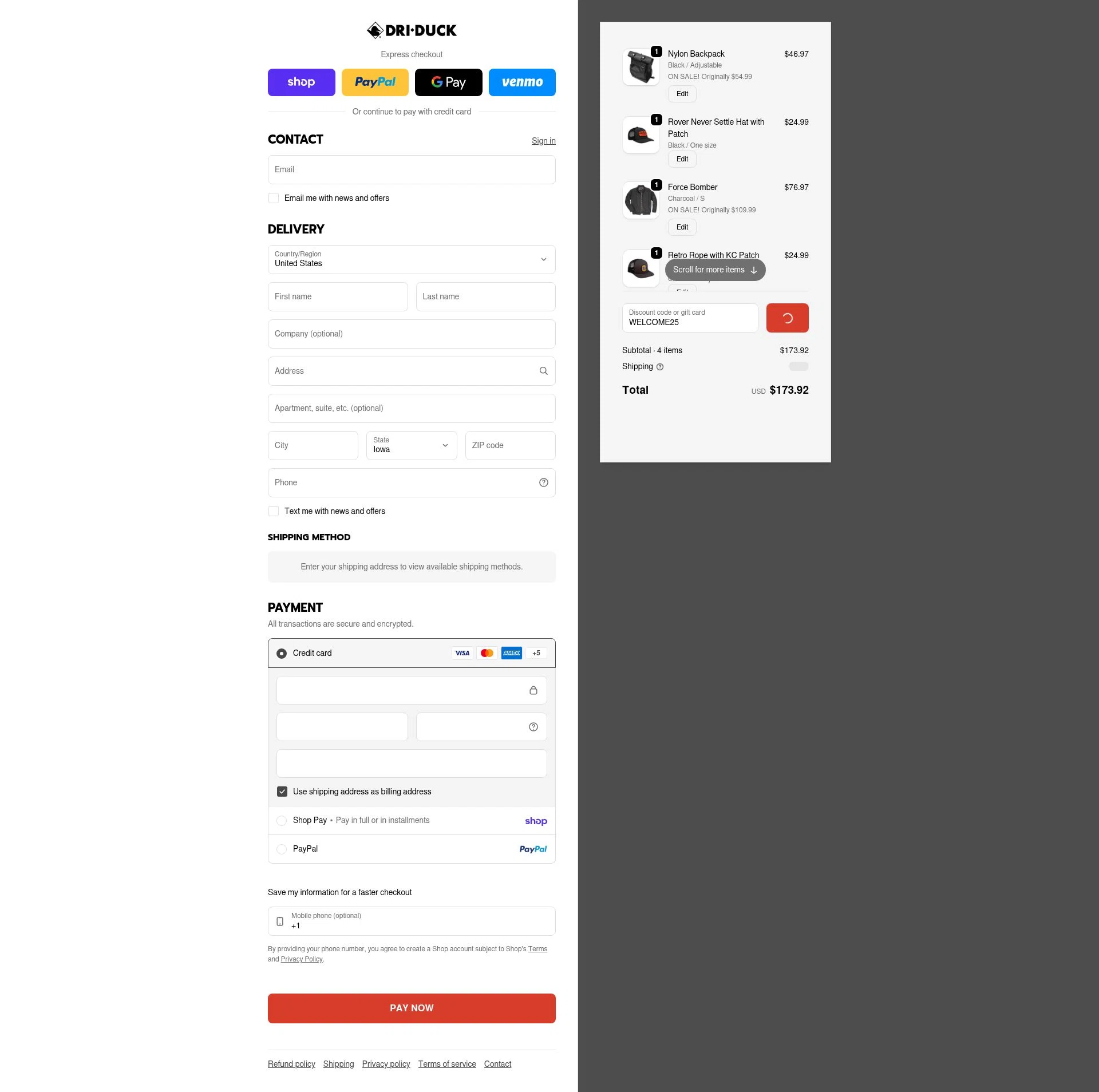 Dri Duck checkout page showing Dri Duck discount code box | Screenshot taken by SimplyCodes community member on Feb 15, 2026