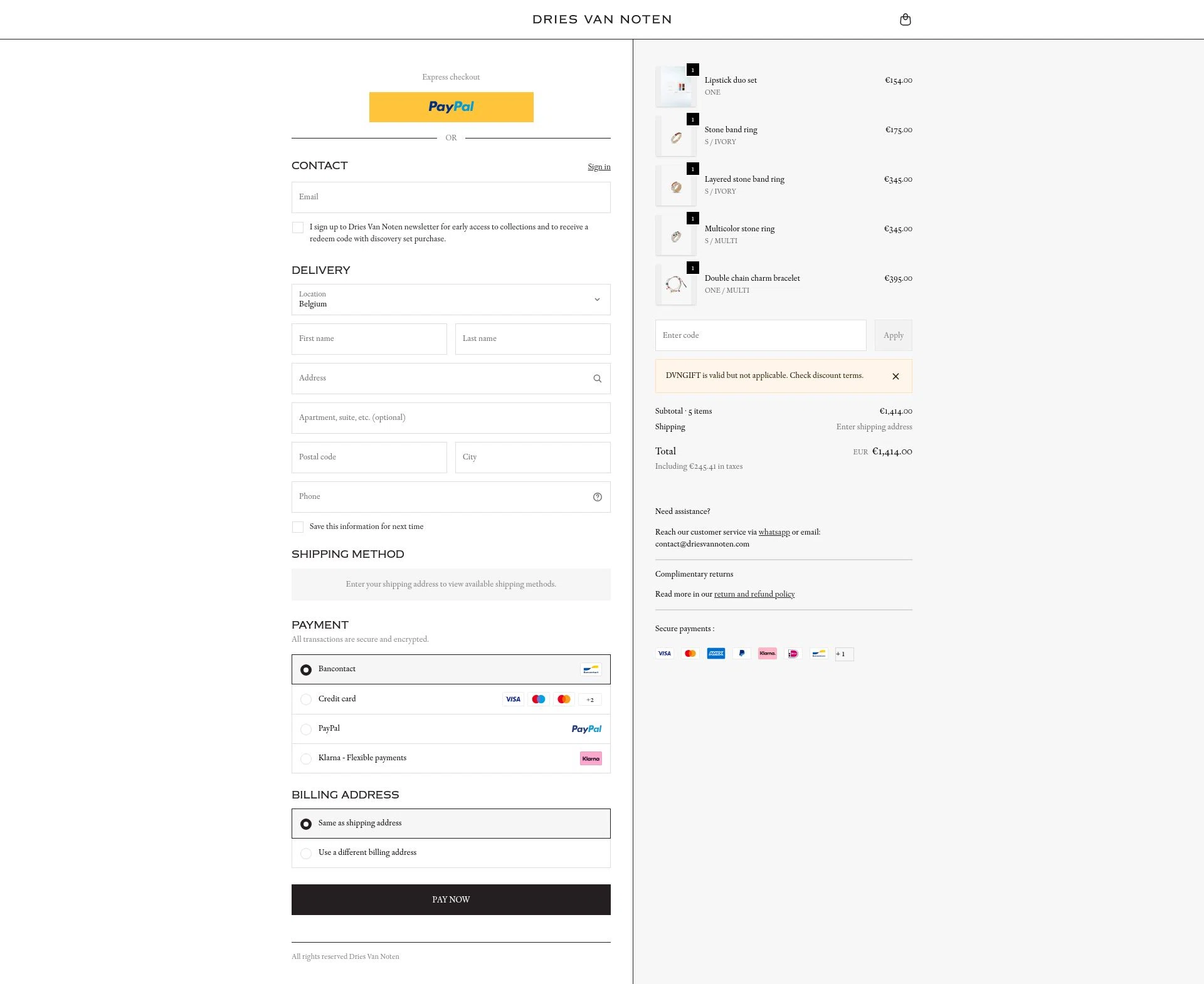 Dries Van Noten checkout page showing Dries Van Noten coupon code box | Screenshot taken by SimplyCodes community member on Jan 11, 2026