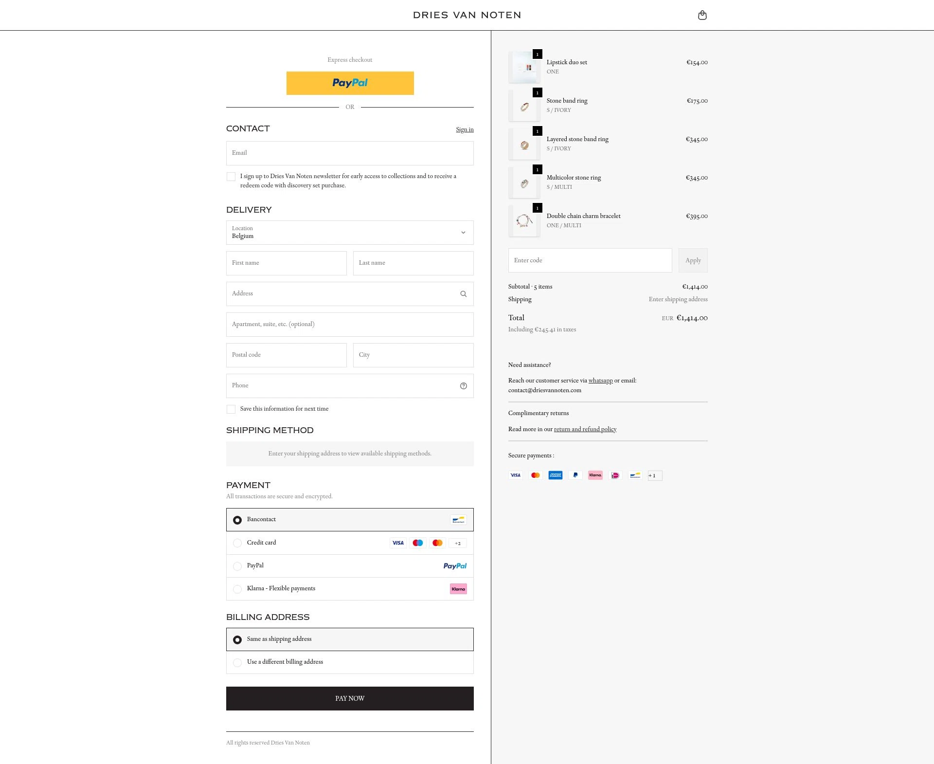 Dries Van Noten checkout page showing Dries Van Noten coupon code box | Screenshot taken by SimplyCodes community member on Jan 6, 2026