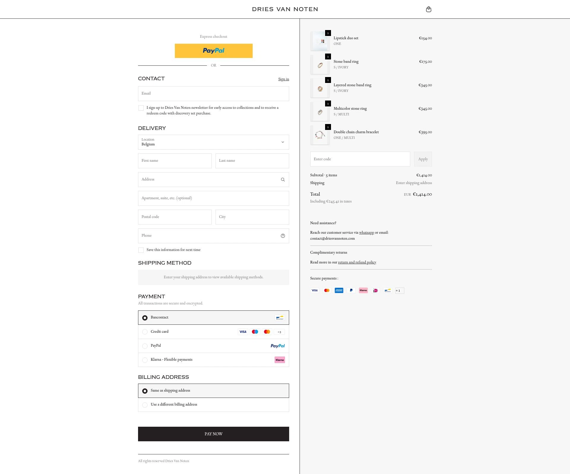 Dries Van Noten checkout page showing Dries Van Noten coupon code box | Screenshot taken by SimplyCodes community member on Jan 26, 2026
