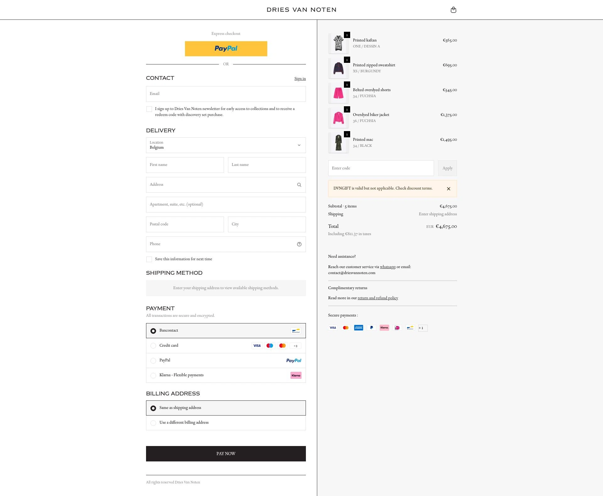 Dries Van Noten checkout page showing Dries Van Noten coupon code box | Screenshot taken by SimplyCodes community member on Feb 4, 2026