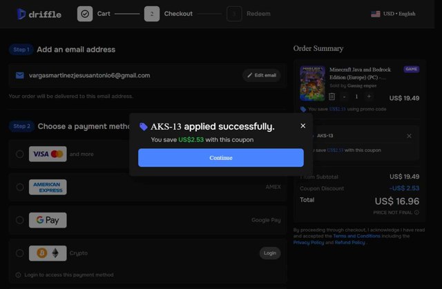 Driffle checkout page showing Driffle promo code box | Screenshot taken by SimplyCodes community member on Aug 20, 2025