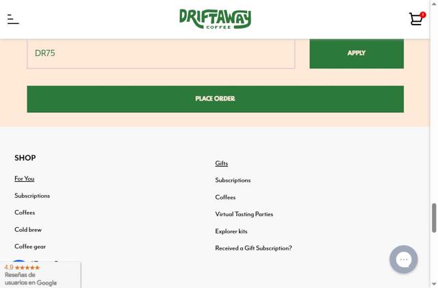 Driftaway Coffee checkout page showing Driftaway Coffee promo code box | Screenshot taken by SimplyCodes community member on Aug 5, 2025