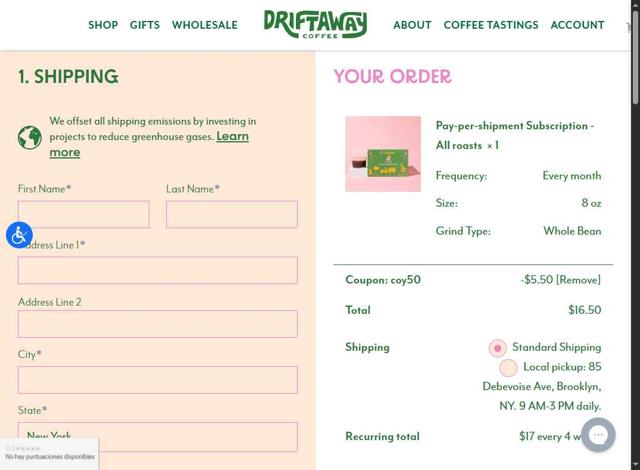 Driftaway Coffee checkout page showing Driftaway Coffee promo code box | Screenshot taken by SimplyCodes community member on Jul 14, 2025
