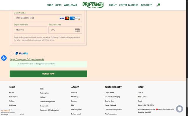 Driftaway Coffee checkout page showing Driftaway Coffee promo code box | Screenshot taken by SimplyCodes community member on Jul 14, 2025