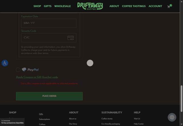 Driftaway Coffee checkout page showing Driftaway Coffee promo code box | Screenshot taken by SimplyCodes community member on Sep 3, 2025