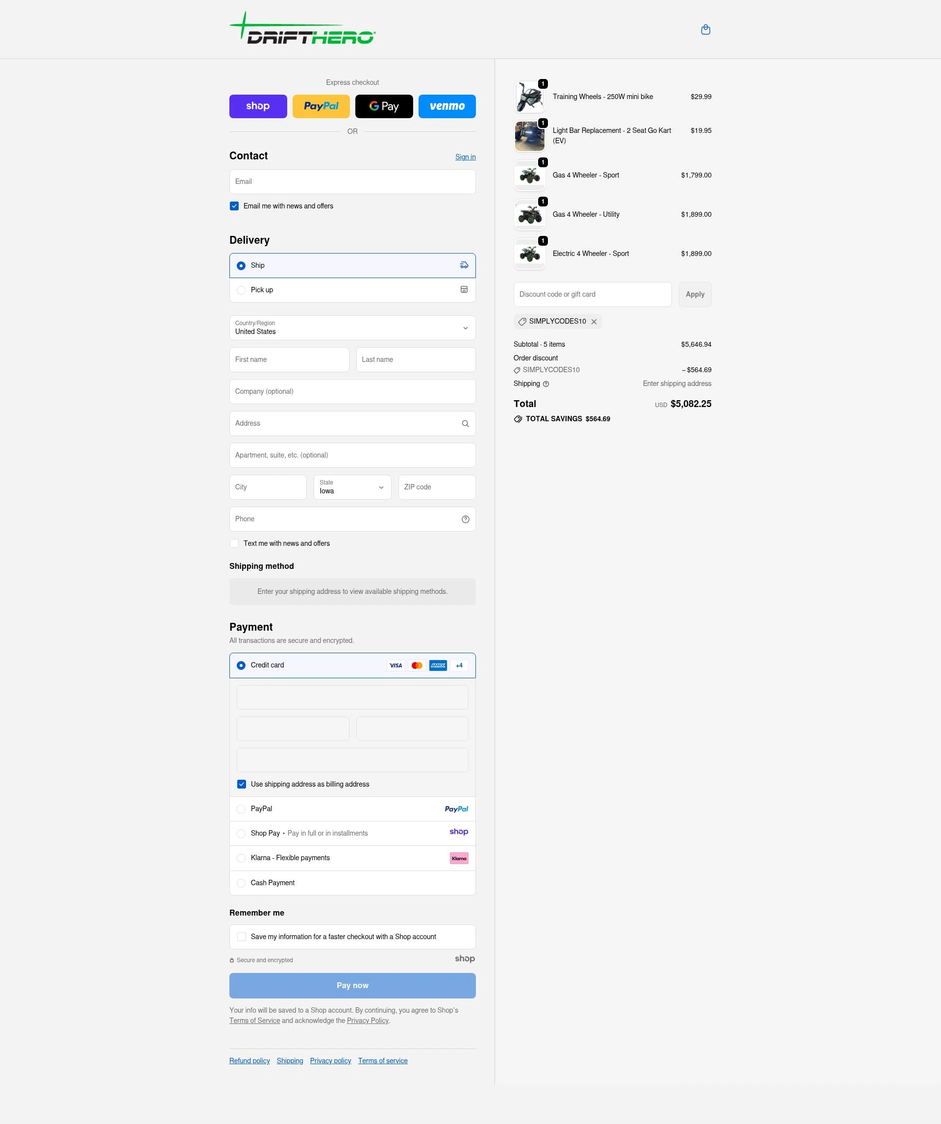 Drift Hero checkout page showing Drift Hero promo code box | Screenshot taken by SimplyCodes community member on Dec 11, 2025