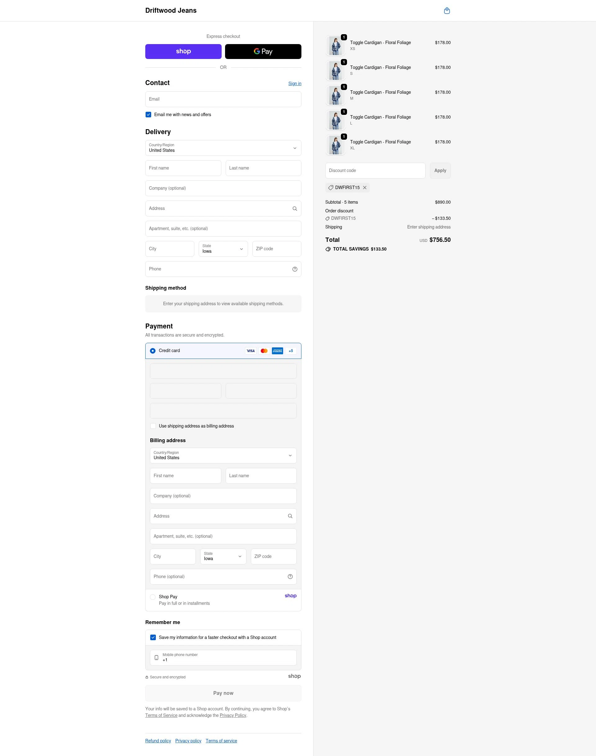 Driftwood Jeans checkout page showing Driftwood Jeans promo code box | Screenshot taken by SimplyCodes community member on Oct 27, 2025