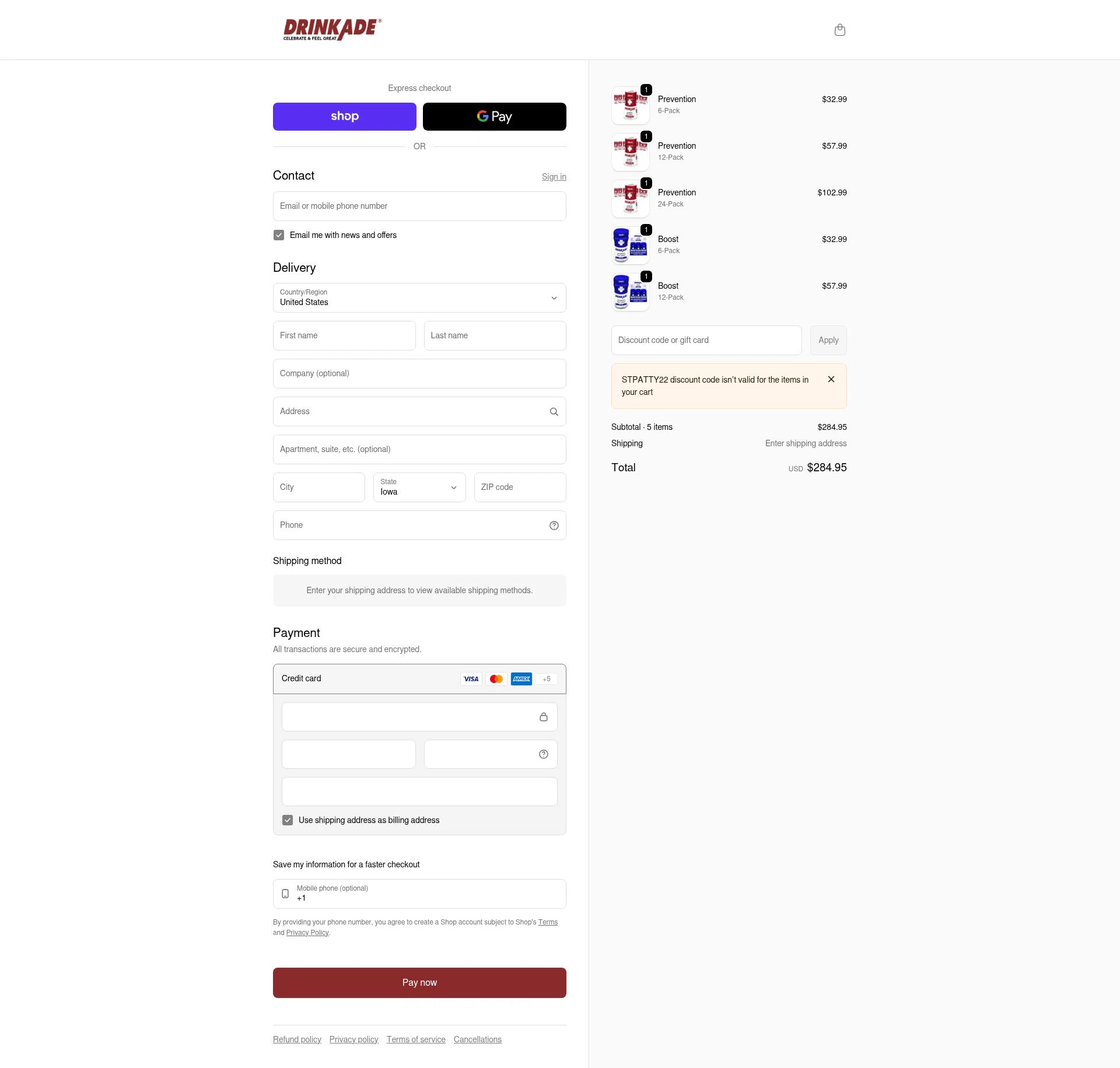 DrinkAde checkout page showing DrinkAde coupon code box | Screenshot taken by SimplyCodes community member on Feb 11, 2026