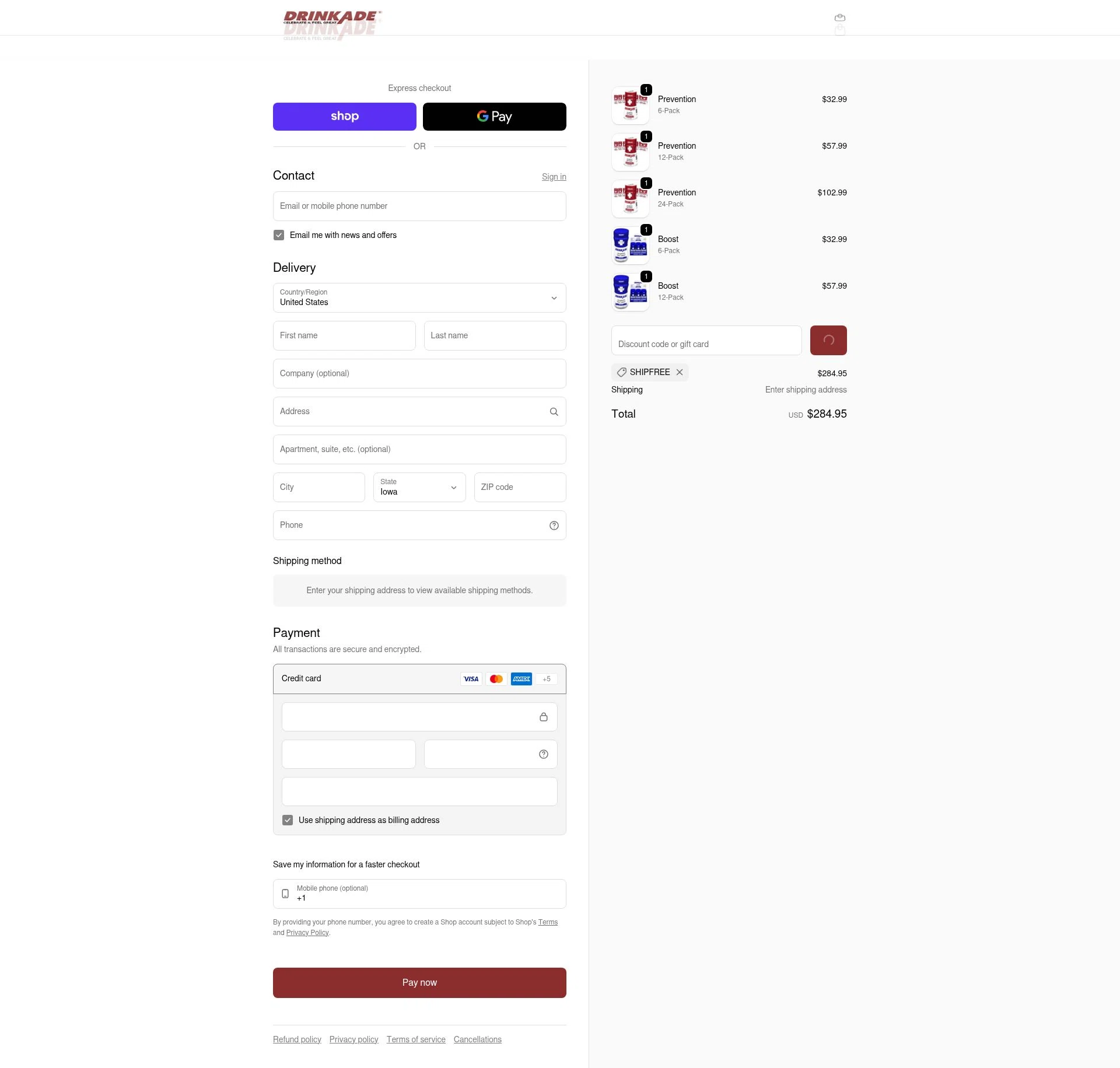 DrinkAde checkout page showing DrinkAde coupon code box | Screenshot taken by SimplyCodes community member on Feb 11, 2026