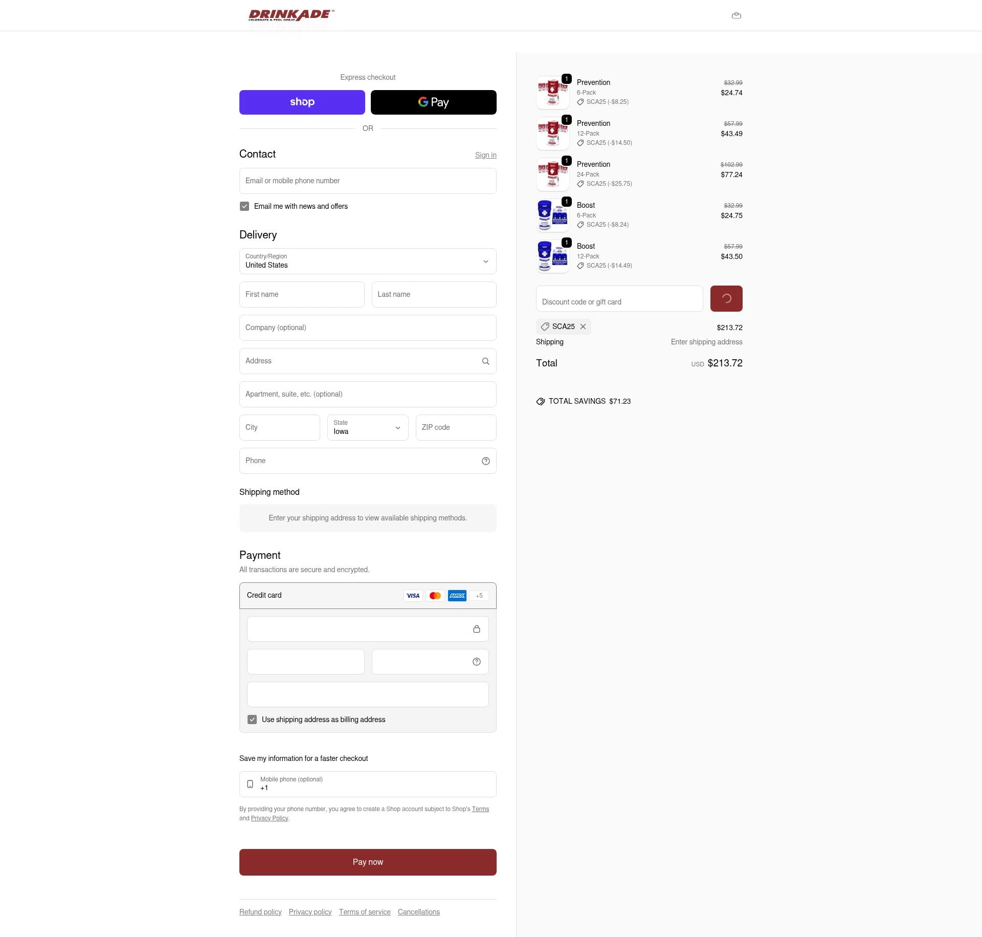 DrinkAde checkout page showing DrinkAde coupon code box | Screenshot taken by SimplyCodes community member on Feb 11, 2026