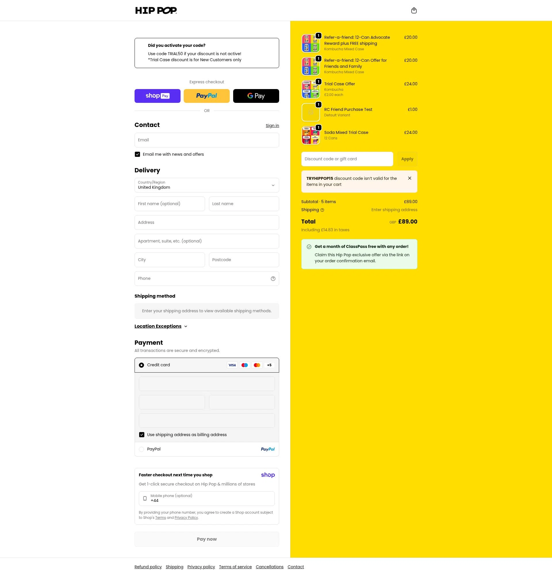 Hip Pop checkout page showing Hip Pop coupon code box | Screenshot taken by SimplyCodes community member on Jan 11, 2026