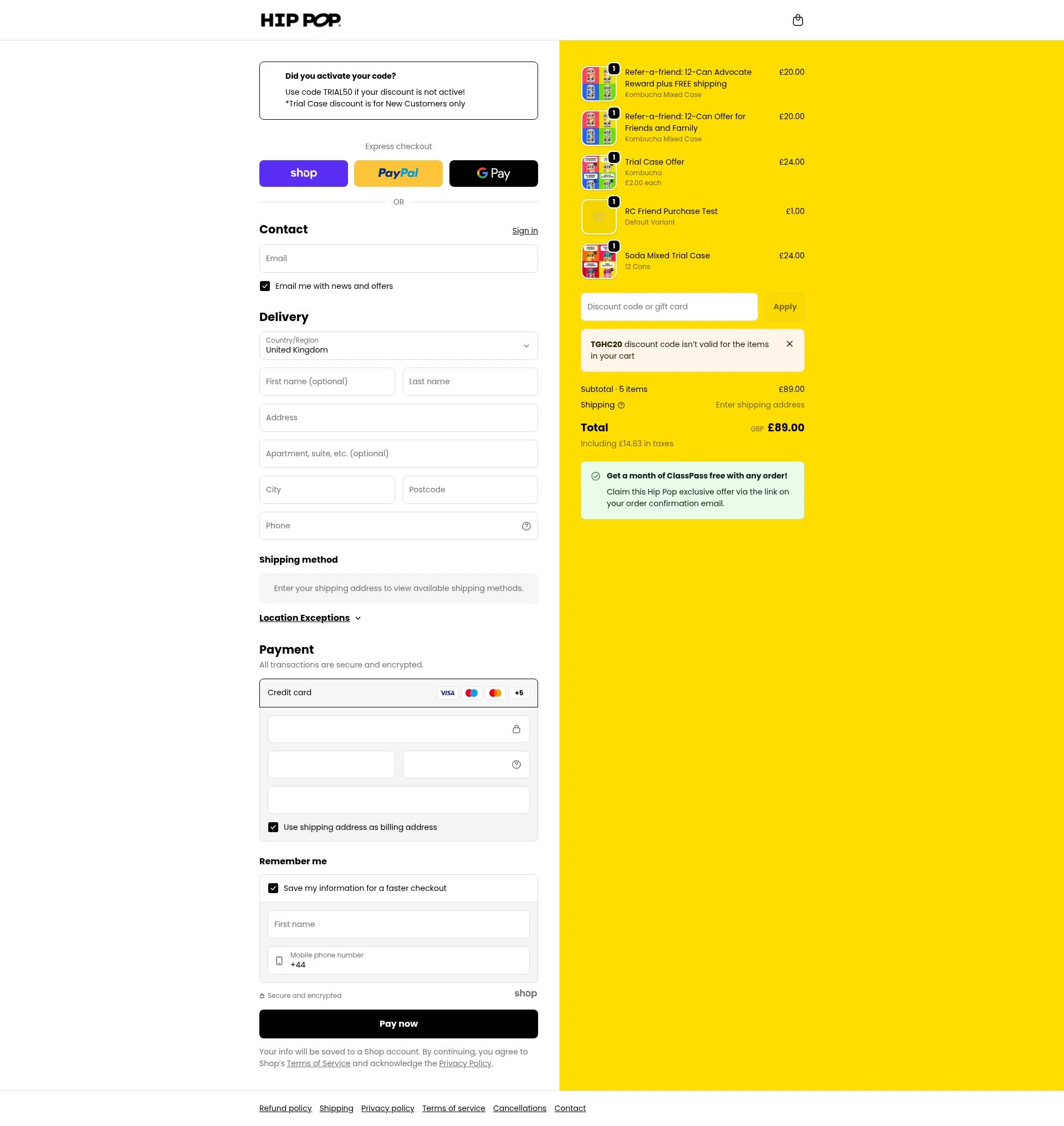 Hip Pop checkout page showing Hip Pop coupon code box | Screenshot taken by SimplyCodes community member on Jan 6, 2026