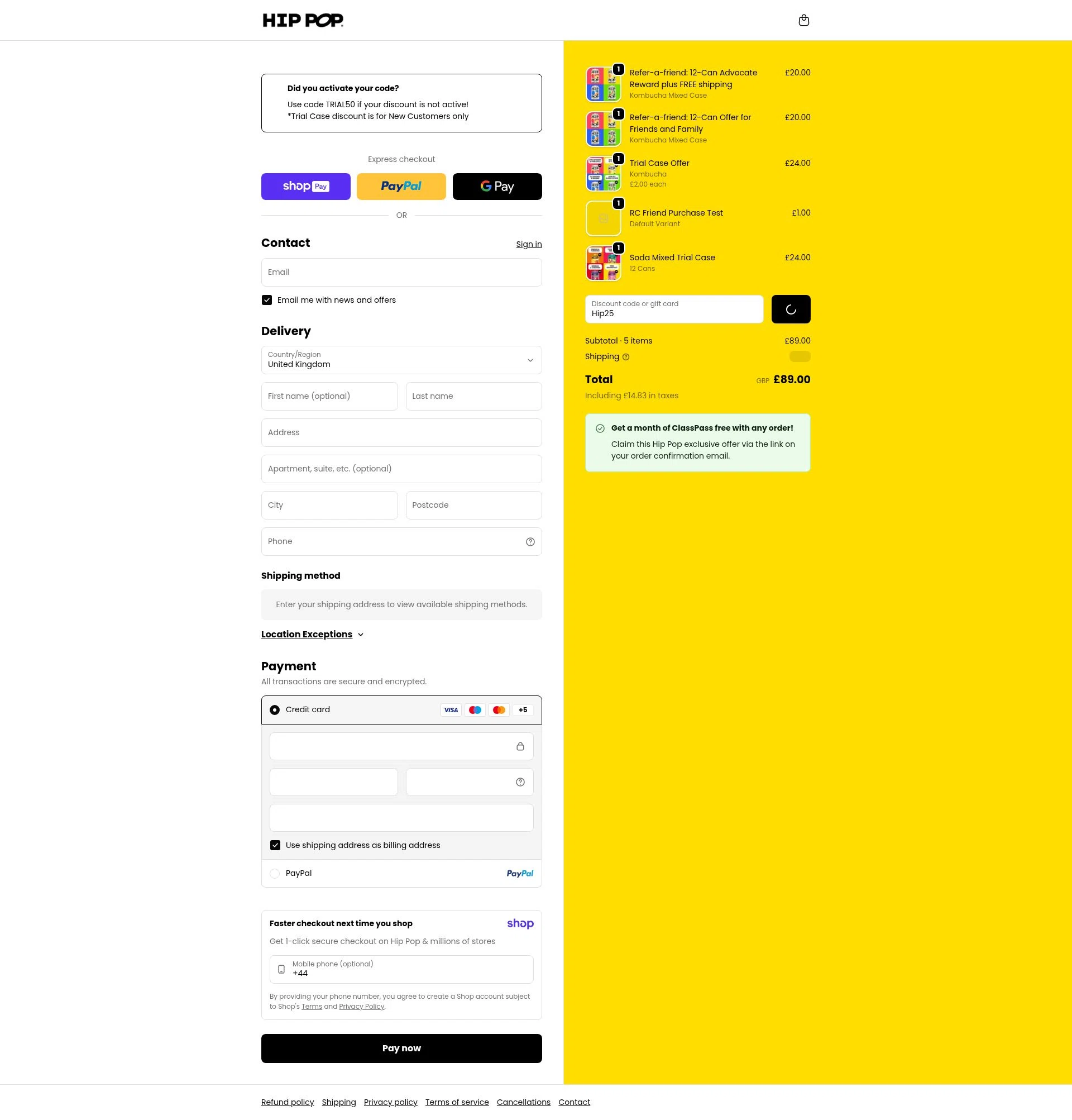 Hip Pop checkout page showing Hip Pop coupon code box | Screenshot taken by SimplyCodes community member on Jan 11, 2026