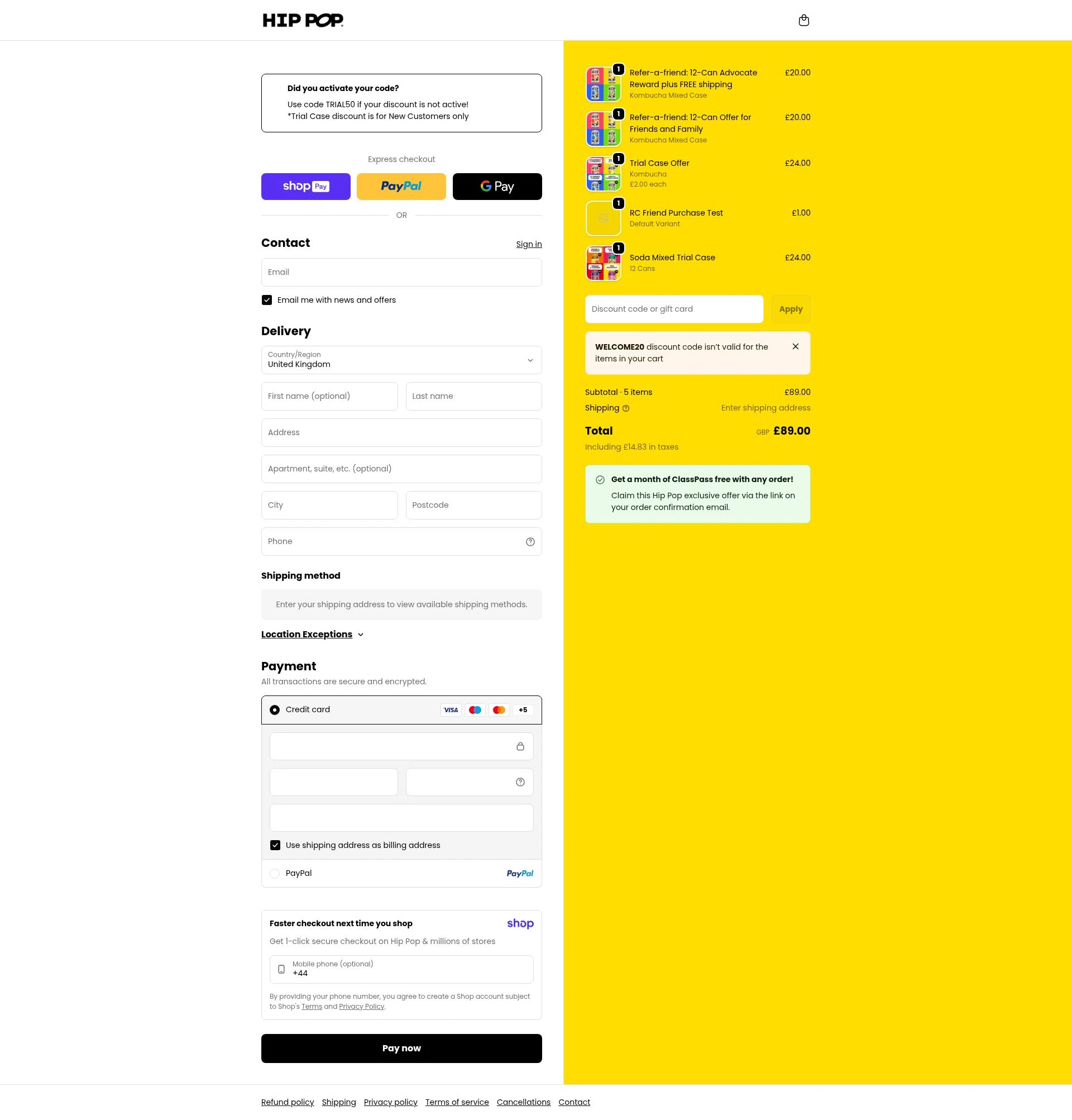Hip Pop checkout page showing Hip Pop coupon code box | Screenshot taken by SimplyCodes community member on Jan 11, 2026