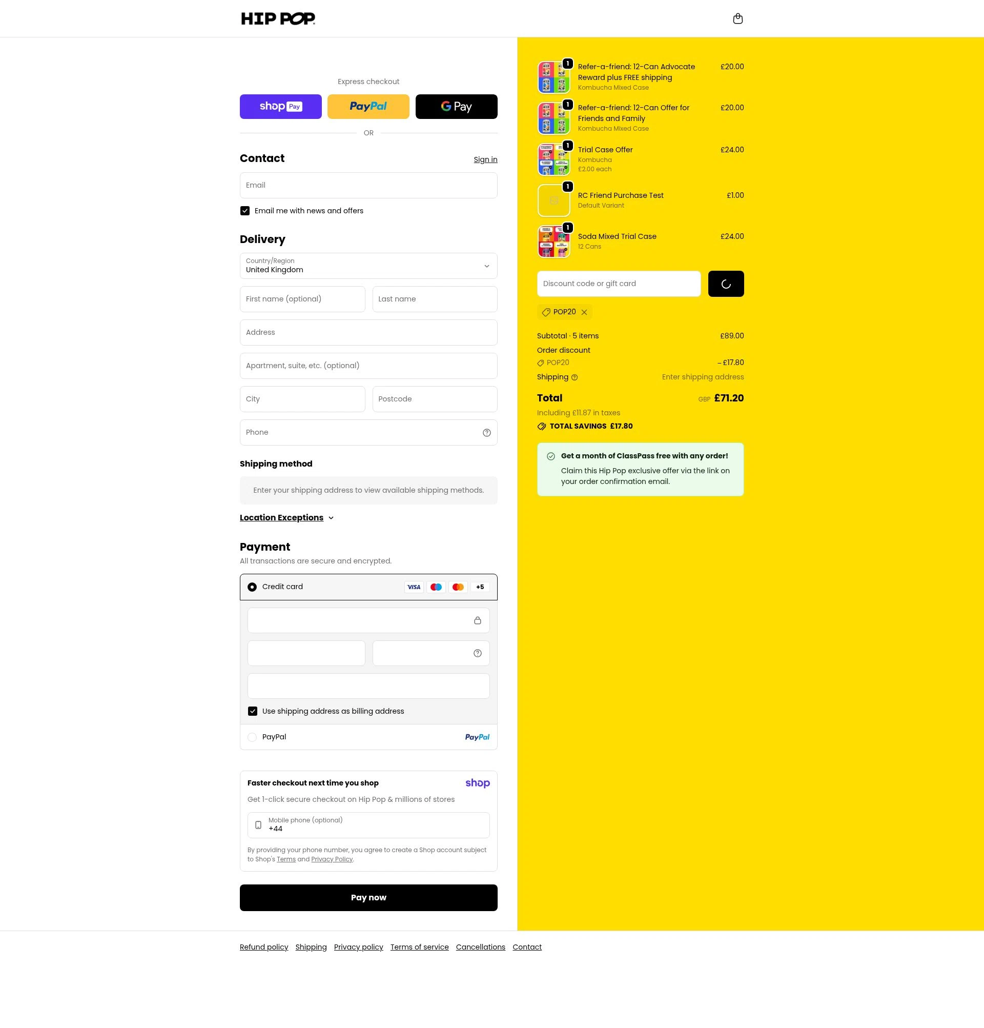 Hip Pop checkout page showing Hip Pop coupon code box | Screenshot taken by SimplyCodes community member on Jan 11, 2026