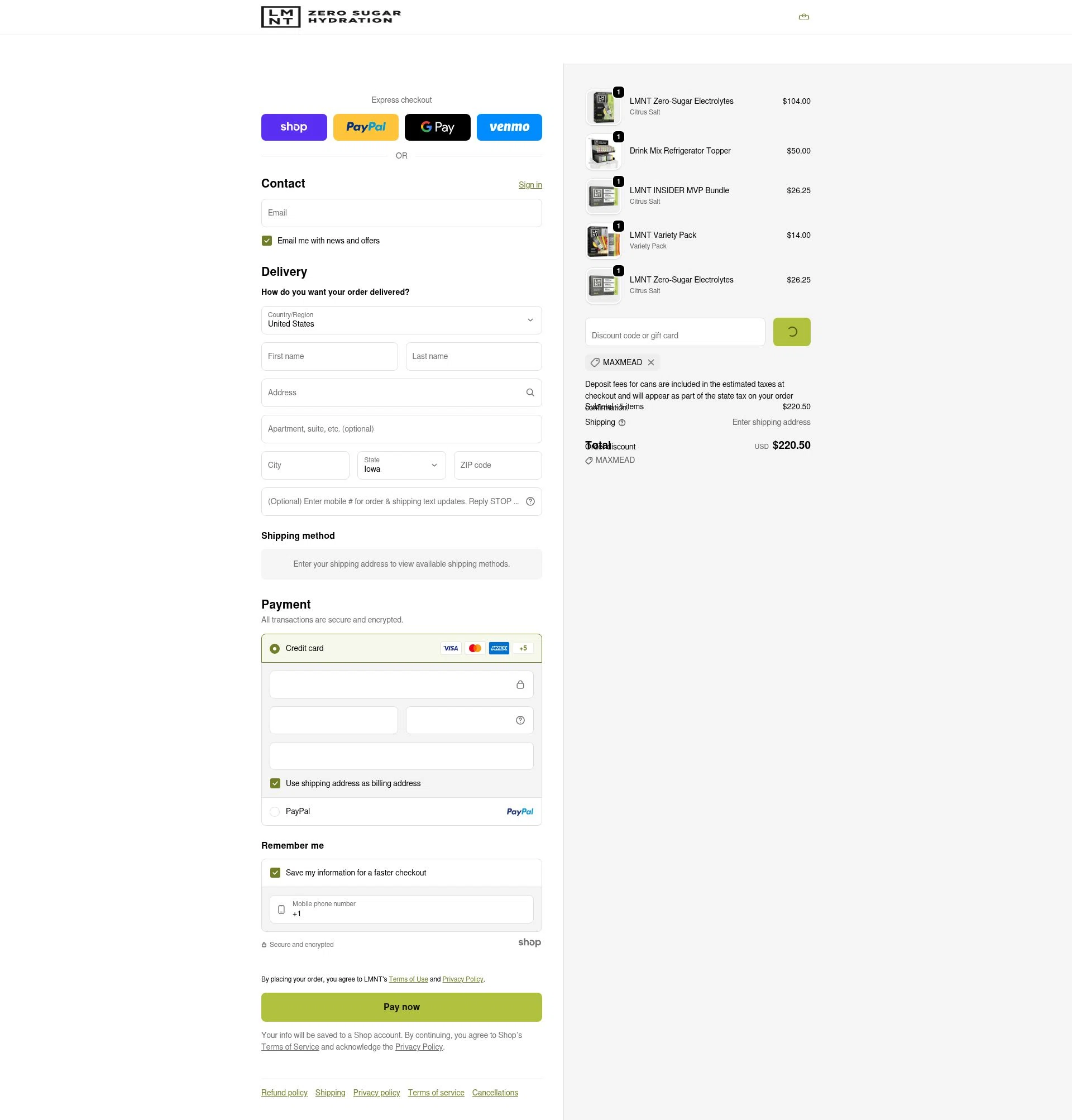 DrinkLMNT checkout page showing DrinkLMNT discount code box | Screenshot taken by SimplyCodes community member on Jan 28, 2026