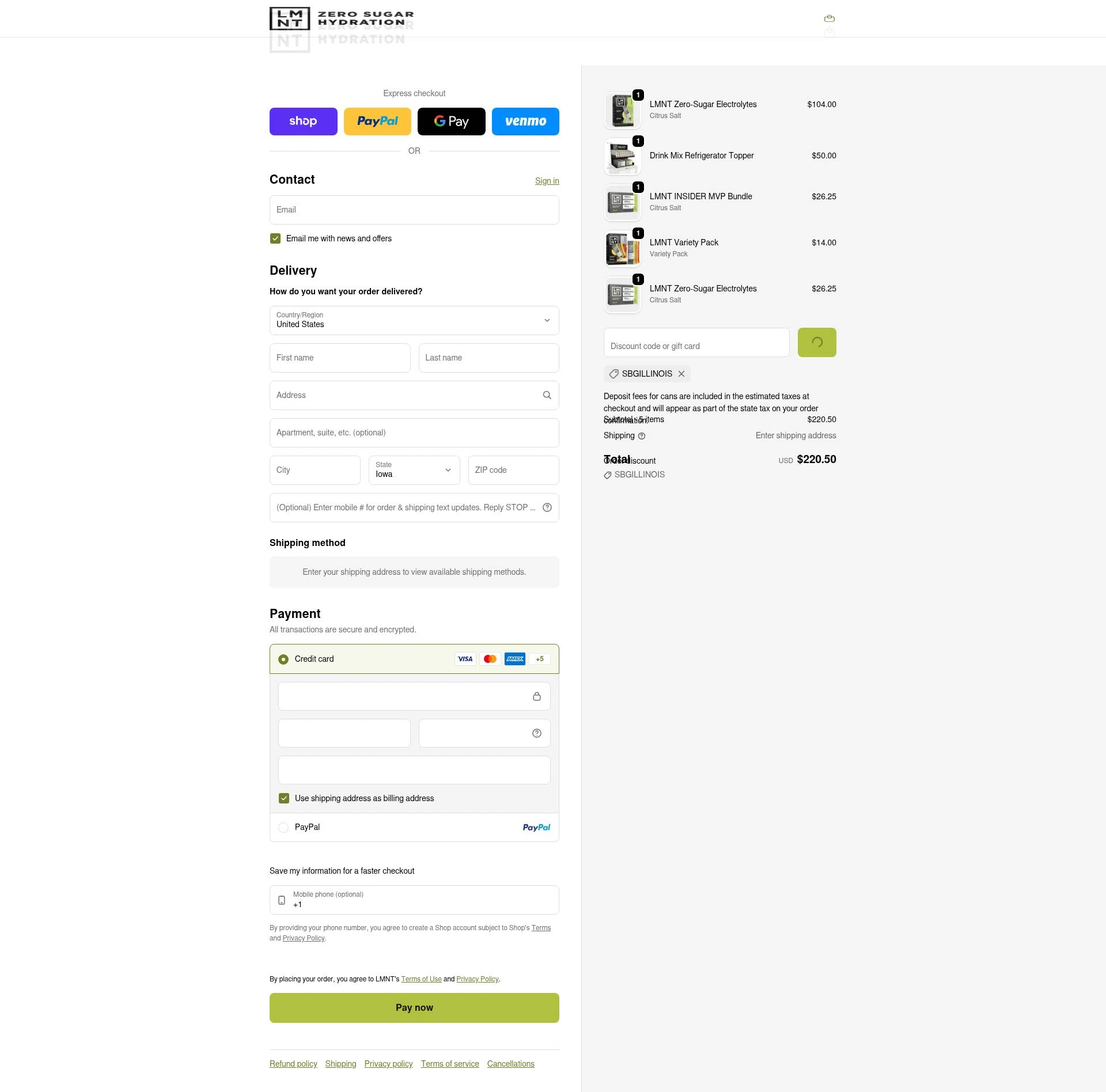 DrinkLMNT checkout page showing DrinkLMNT discount code box | Screenshot taken by SimplyCodes community member on Feb 6, 2026
