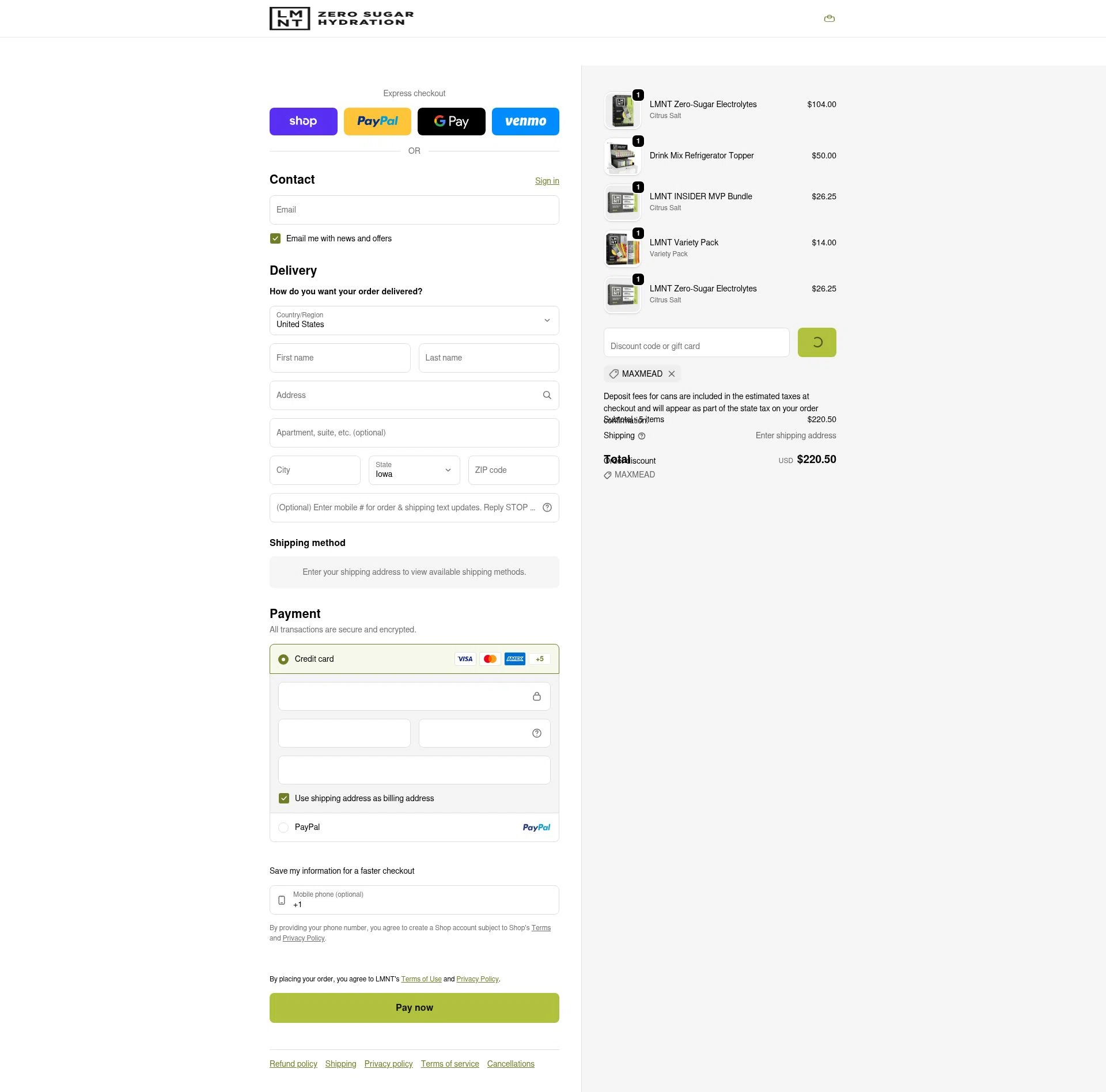 DrinkLMNT checkout page showing DrinkLMNT discount code box | Screenshot taken by SimplyCodes community member on Feb 6, 2026