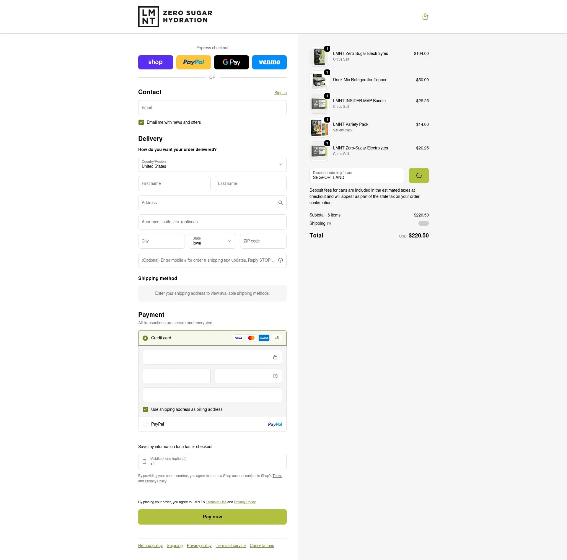 DrinkLMNT checkout page showing DrinkLMNT discount code box | Screenshot taken by SimplyCodes community member on Feb 6, 2026