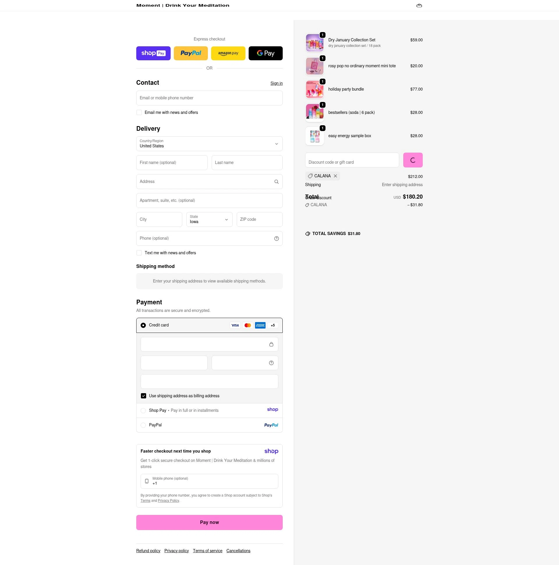 Drink Moment checkout page showing Drink Moment discount code box | Screenshot taken by SimplyCodes community member on Jan 11, 2026