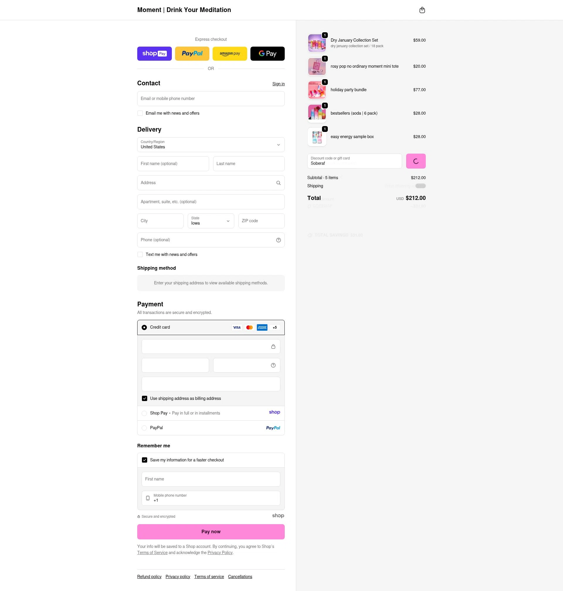 Drink Moment checkout page showing Drink Moment discount code box | Screenshot taken by SimplyCodes community member on Jan 11, 2026