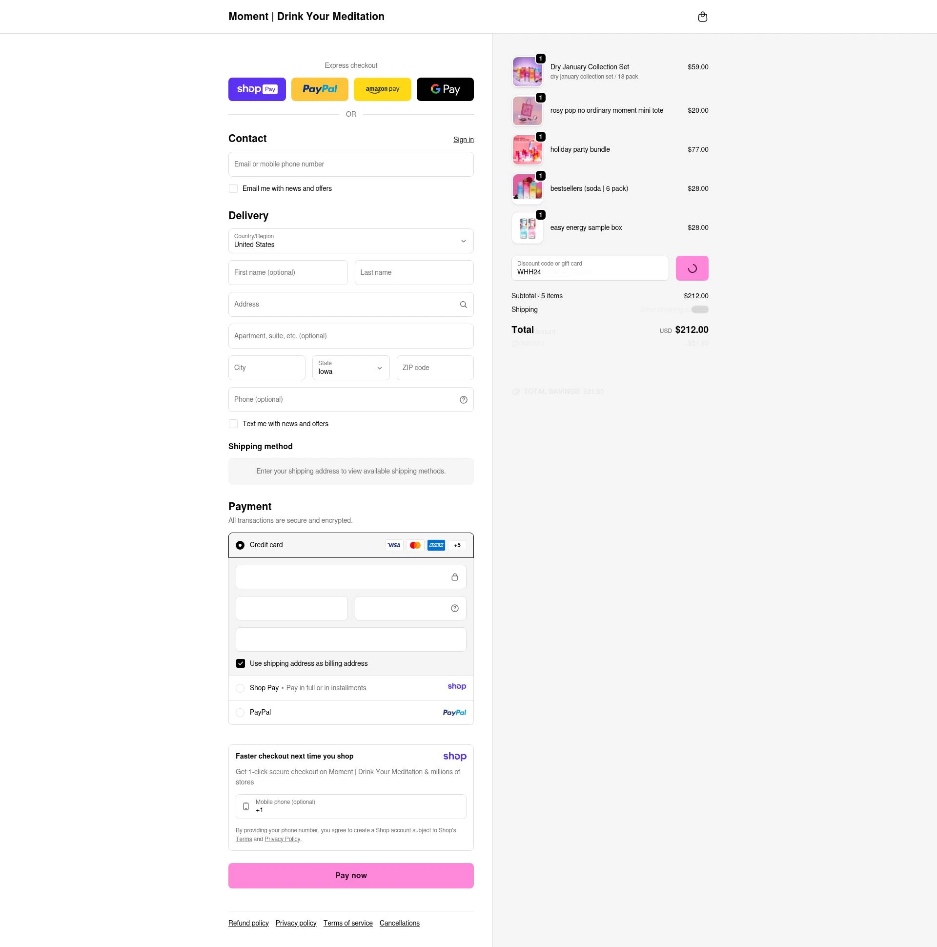 Drink Moment checkout page showing Drink Moment discount code box | Screenshot taken by SimplyCodes community member on Jan 11, 2026