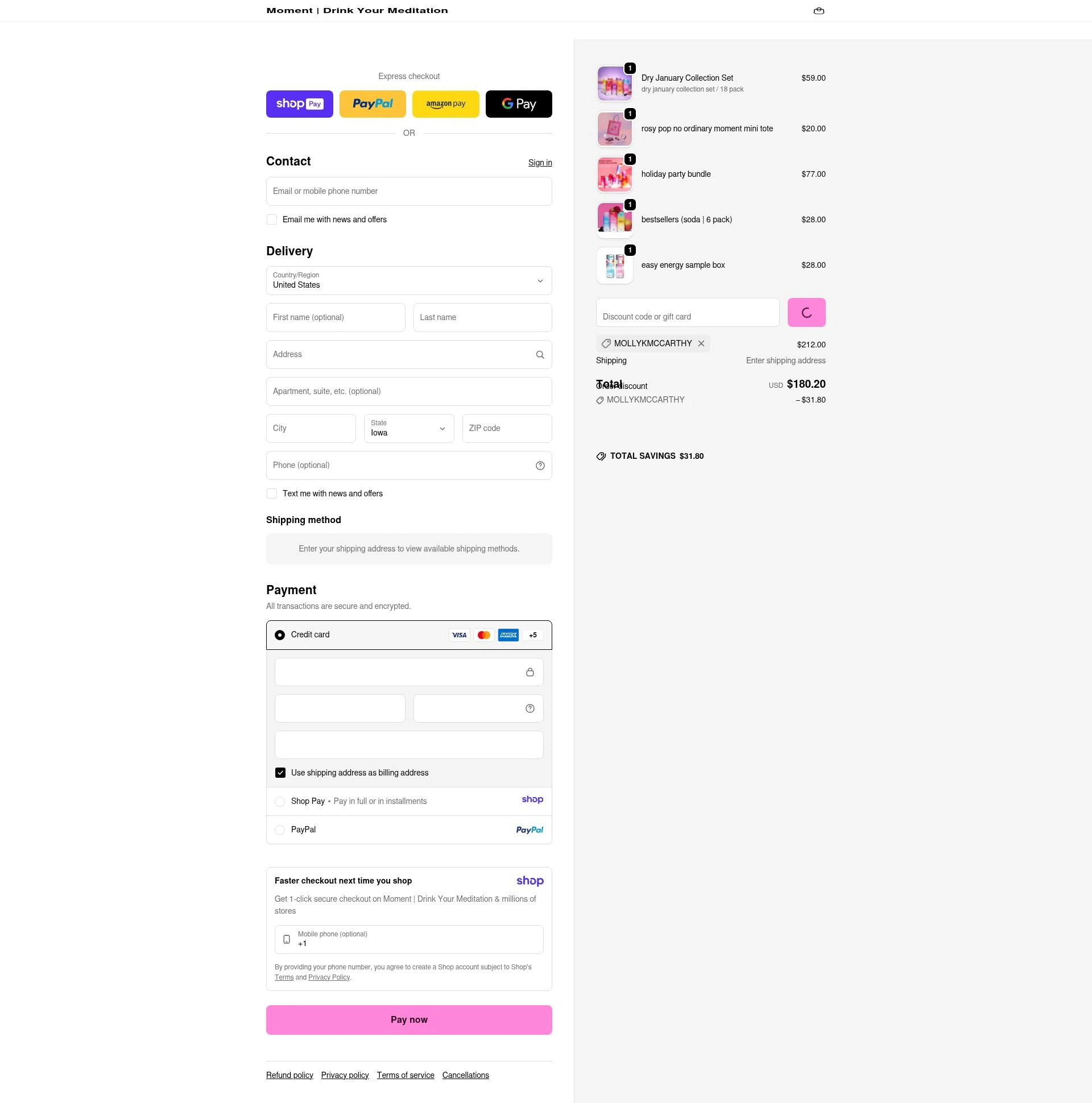Drink Moment checkout page showing Drink Moment discount code box | Screenshot taken by SimplyCodes community member on Jan 11, 2026