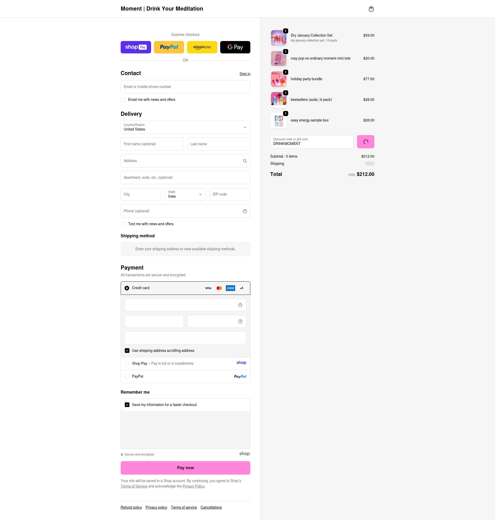 Drink Moment checkout page showing Drink Moment discount code box | Screenshot taken by SimplyCodes community member on Jan 11, 2026