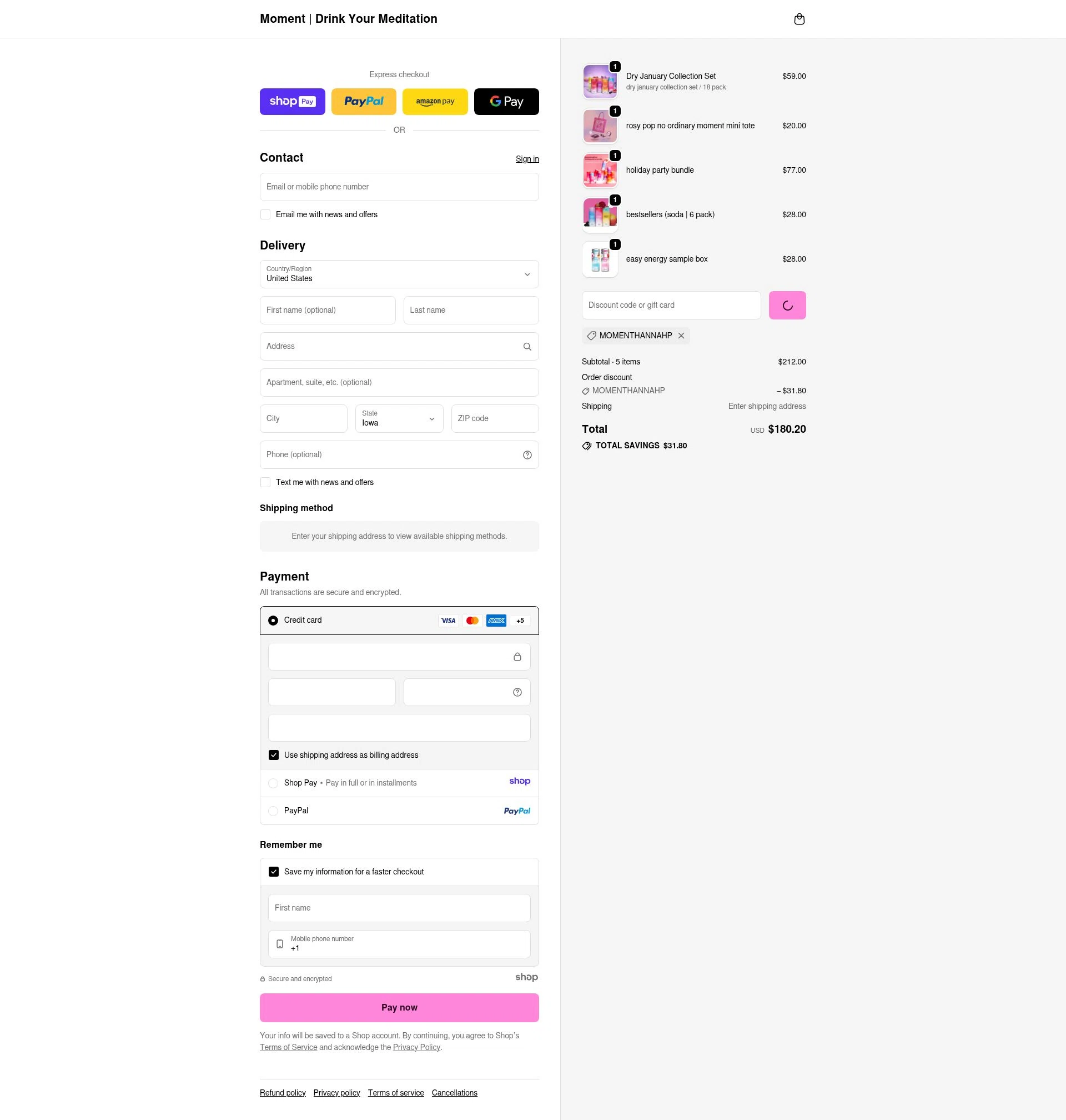 Drink Moment checkout page showing Drink Moment discount code box | Screenshot taken by SimplyCodes community member on Jan 11, 2026