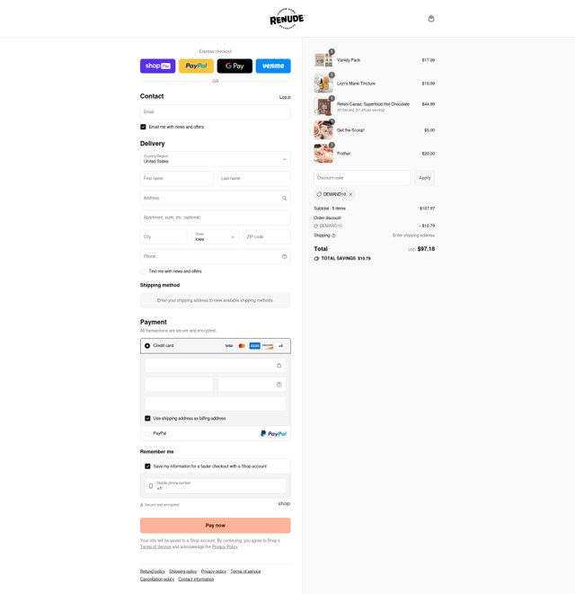 Drink ReNude checkout page showing Drink ReNude promo code box | Screenshot taken by SimplyCodes community member on Jul 25, 2025