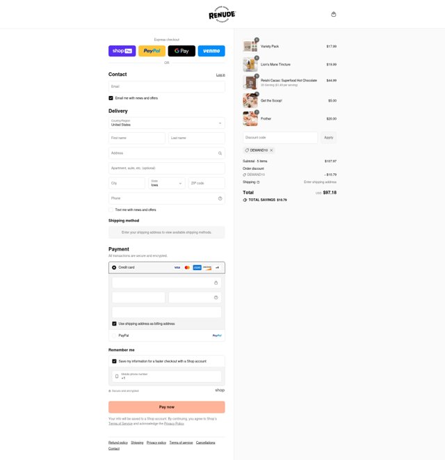 Drink ReNude checkout page showing Drink ReNude promo code box | Screenshot taken by SimplyCodes community member on Aug 15, 2025