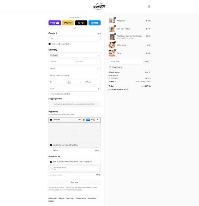 Drink ReNude checkout page showing Drink ReNude promo code box | Screenshot taken by SimplyCodes community member on Aug 24, 2025