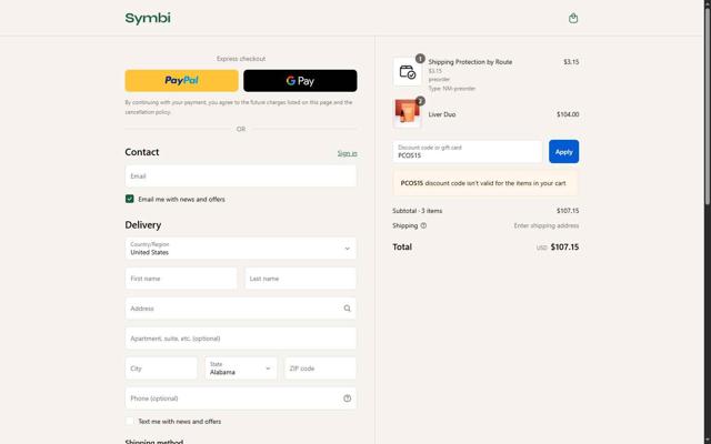 Drink Symbi checkout page showing Drink Symbi discount code box | Screenshot taken by SimplyCodes community member on Sep 17, 2025