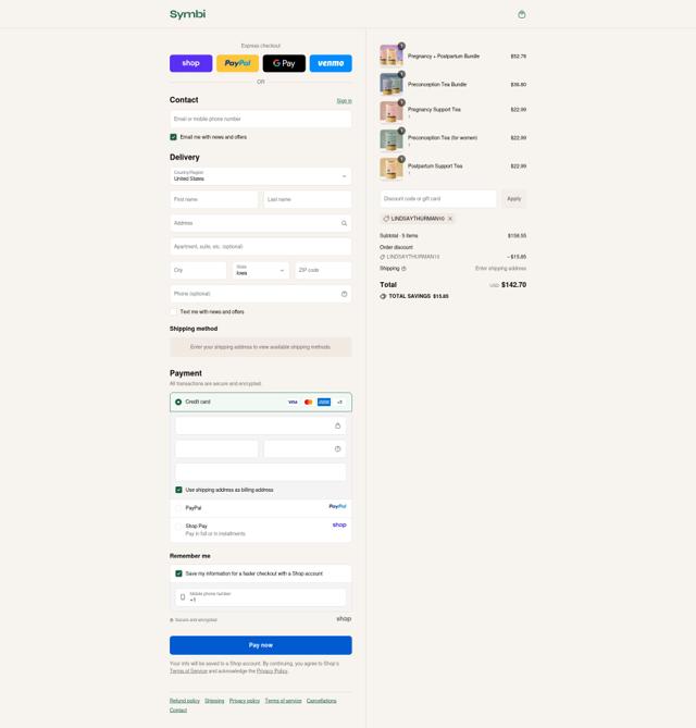Drink Symbi checkout page showing Drink Symbi discount code box | Screenshot taken by SimplyCodes community member on Sep 17, 2025