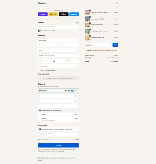 Drink Symbi checkout page showing Drink Symbi discount code box | Screenshot taken by SimplyCodes community member on Sep 17, 2025