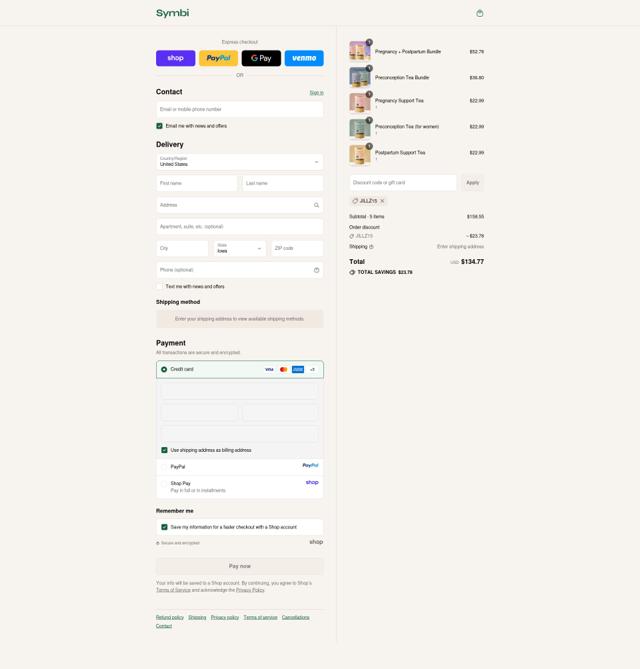 Drink Symbi checkout page showing Drink Symbi discount code box | Screenshot taken by SimplyCodes community member on Sep 17, 2025