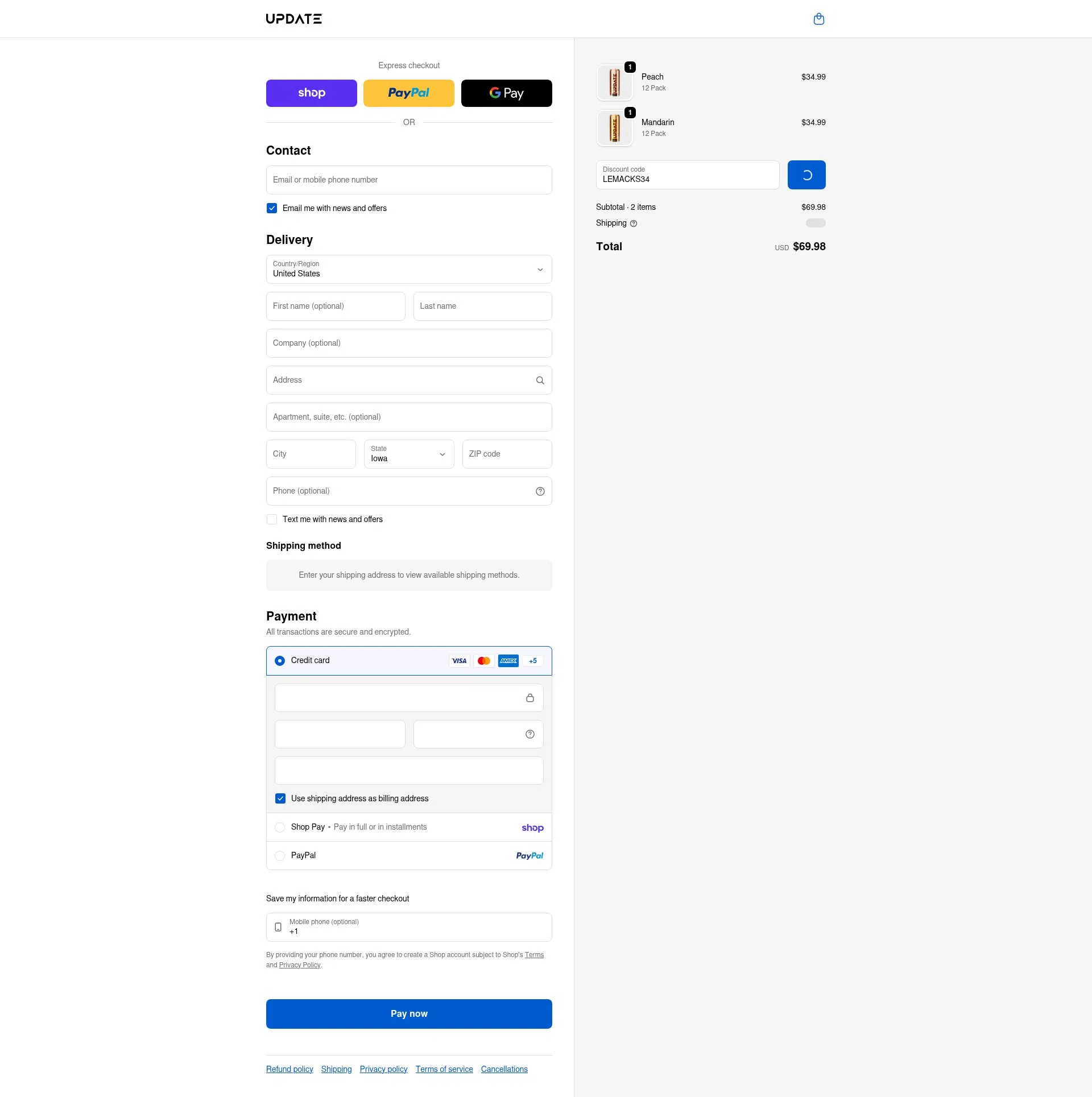 Drink Update checkout page showing Drink Update promo code box | Screenshot taken by SimplyCodes community member on Feb 5, 2026