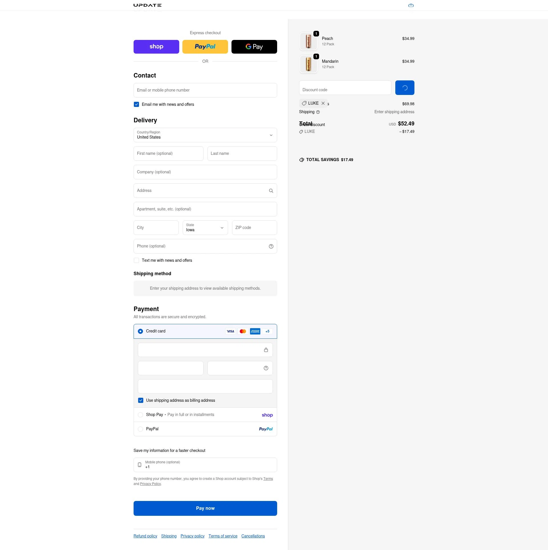Drink Update checkout page showing Drink Update promo code box | Screenshot taken by SimplyCodes community member on Feb 5, 2026