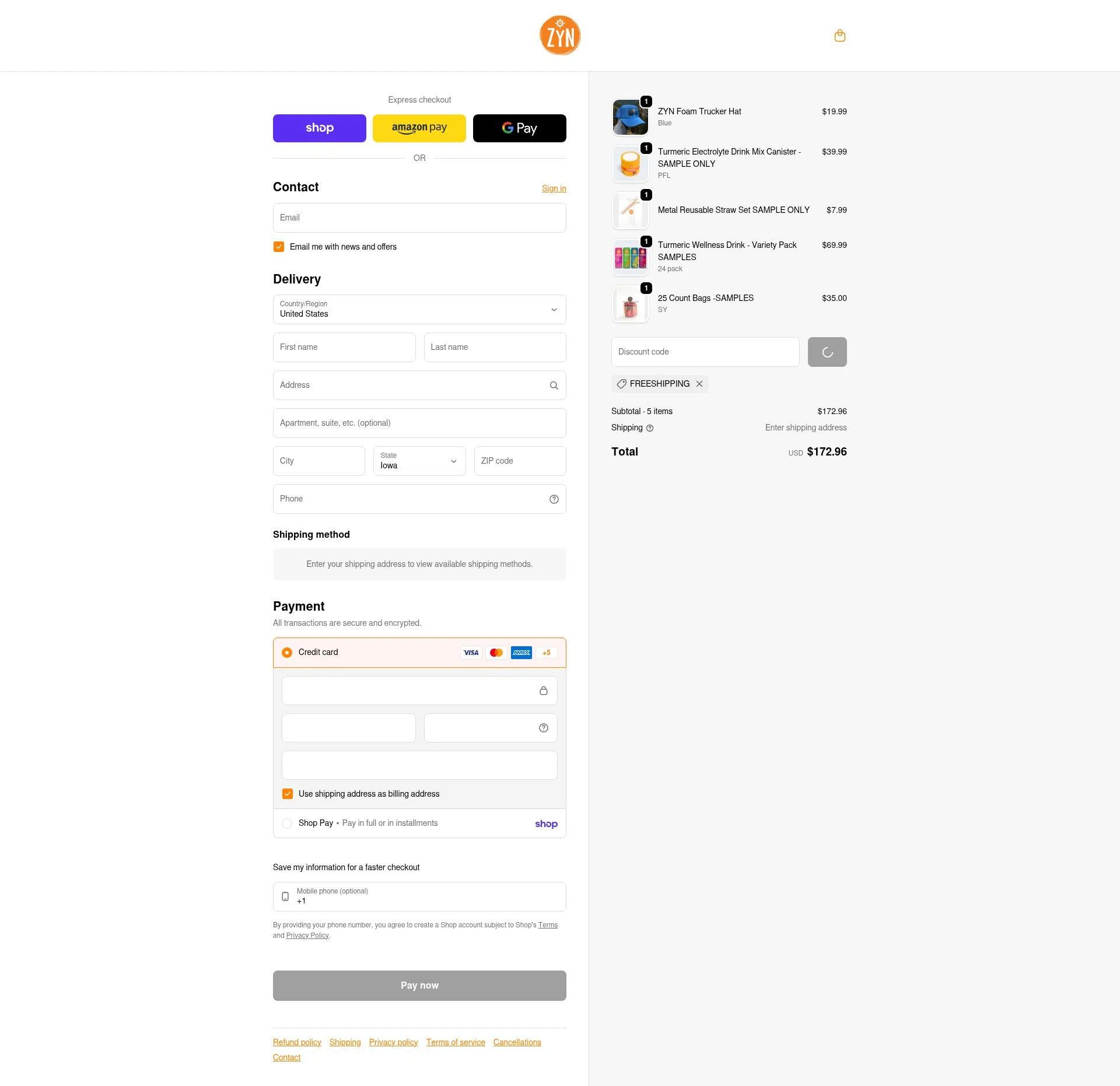 Drink ZYN checkout page showing Drink ZYN promo code box | Screenshot taken by SimplyCodes community member on Feb 3, 2026
