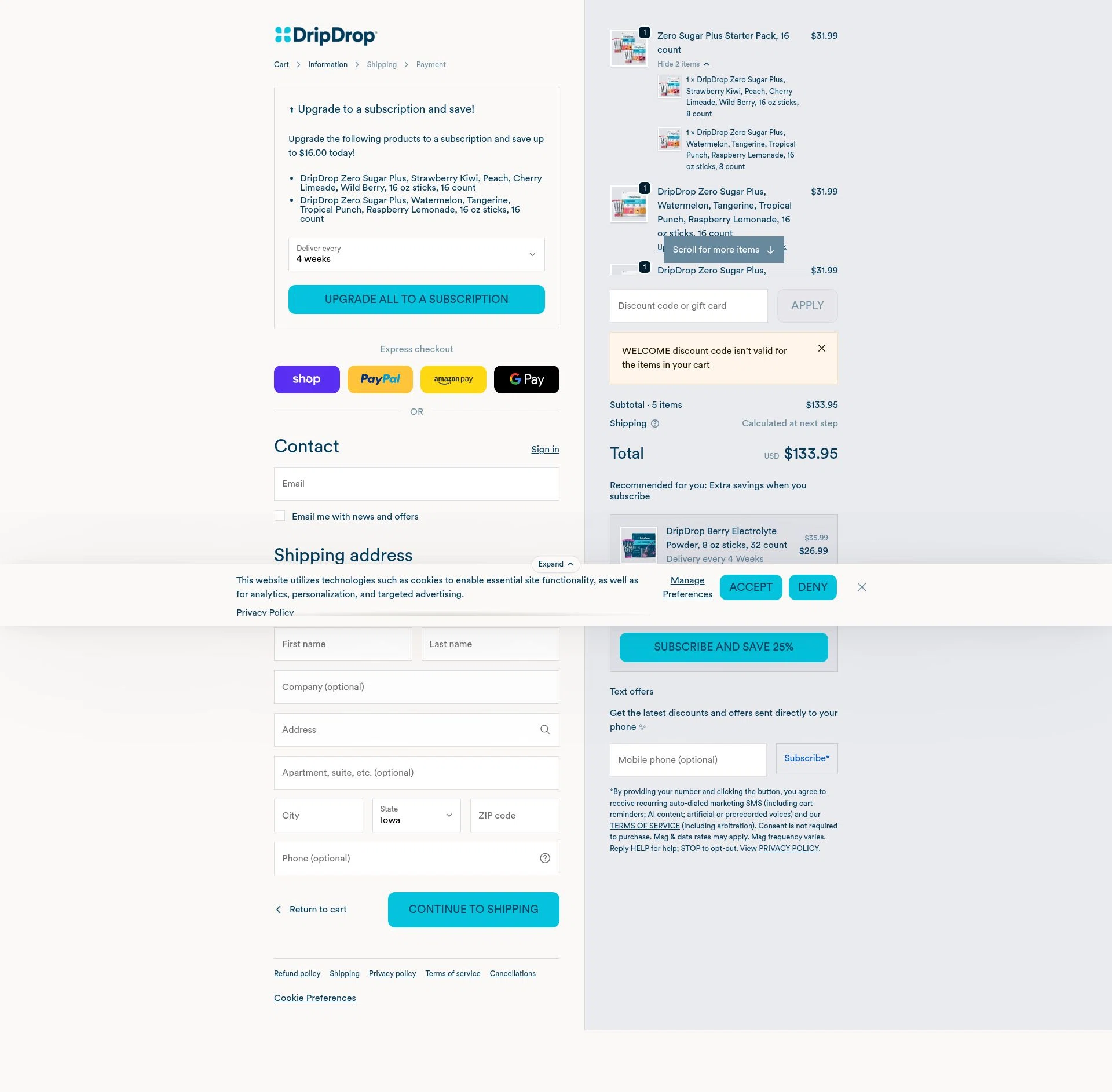 DripDrop checkout page showing DripDrop discount code box | Screenshot taken by SimplyCodes community member on Feb 9, 2026