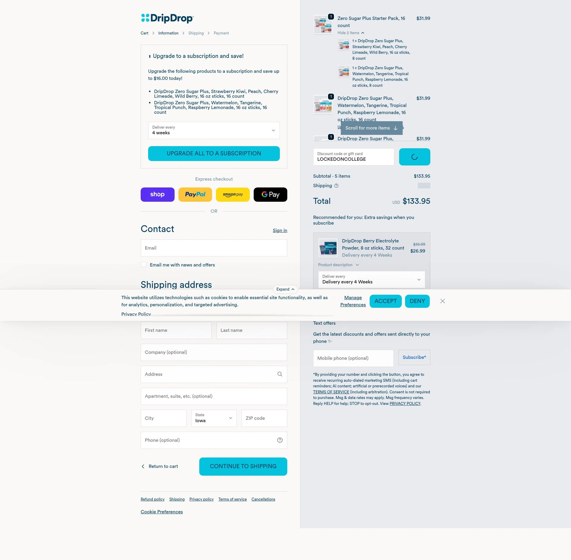 DripDrop checkout page showing DripDrop discount code box | Screenshot taken by SimplyCodes community member on Feb 9, 2026
