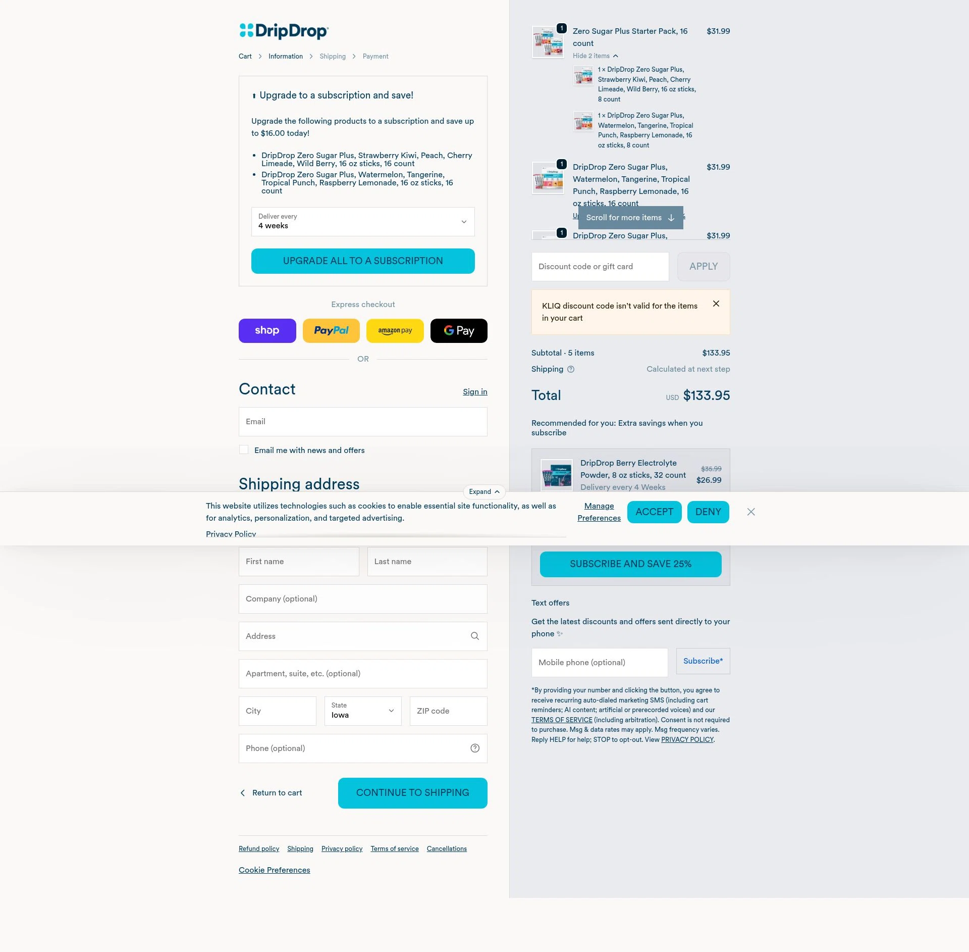 DripDrop checkout page showing DripDrop discount code box | Screenshot taken by SimplyCodes community member on Feb 9, 2026