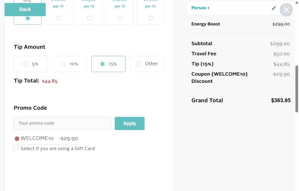Drip Hydration checkout page showing Drip Hydration promo code box | Screenshot taken by SimplyCodes community member on May 20, 2025
