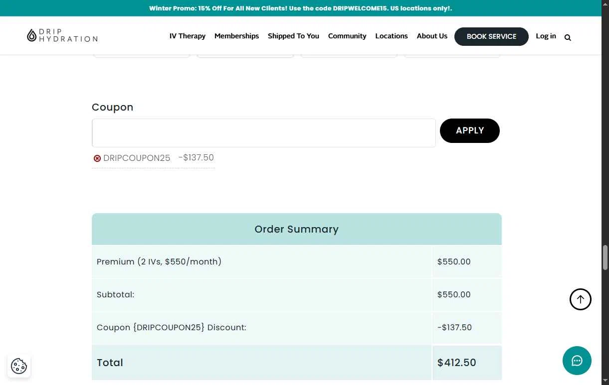 Drip Hydration checkout page showing Drip Hydration promo code box | Screenshot taken by SimplyCodes community member on Jan 9, 2026