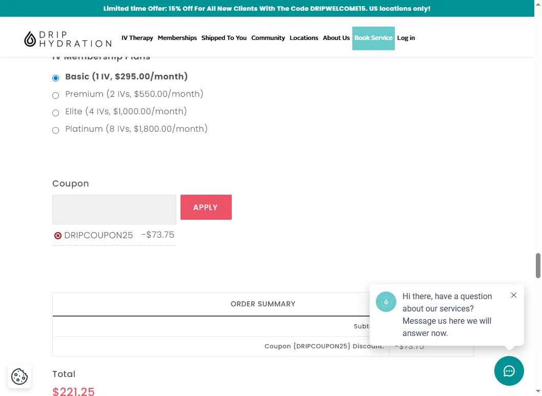 Drip Hydration checkout page showing Drip Hydration promo code box | Screenshot taken by SimplyCodes community member on Nov 12, 2025