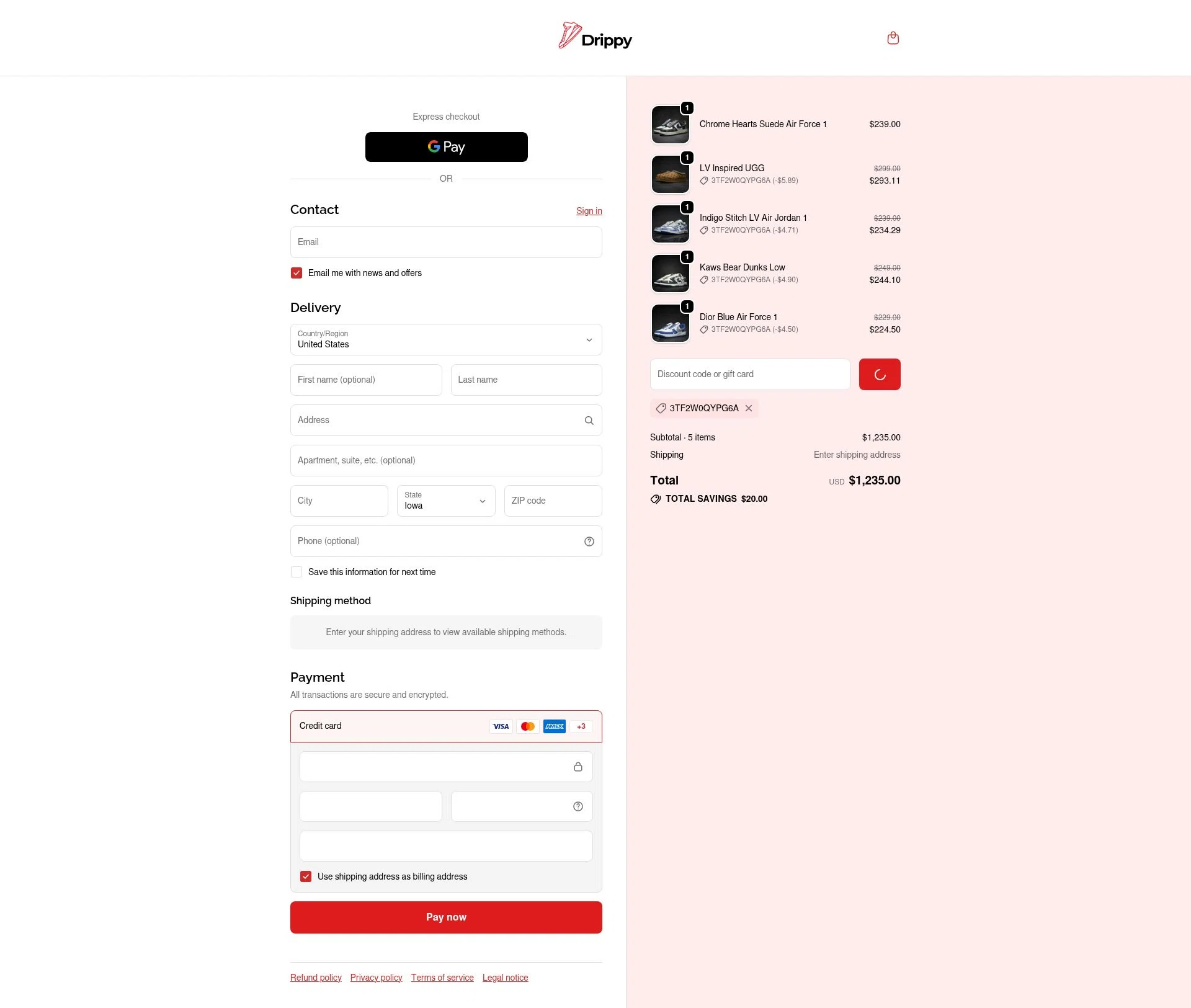Drippy checkout page showing Drippy discount code box | Screenshot taken by SimplyCodes community member on Dec 31, 2025