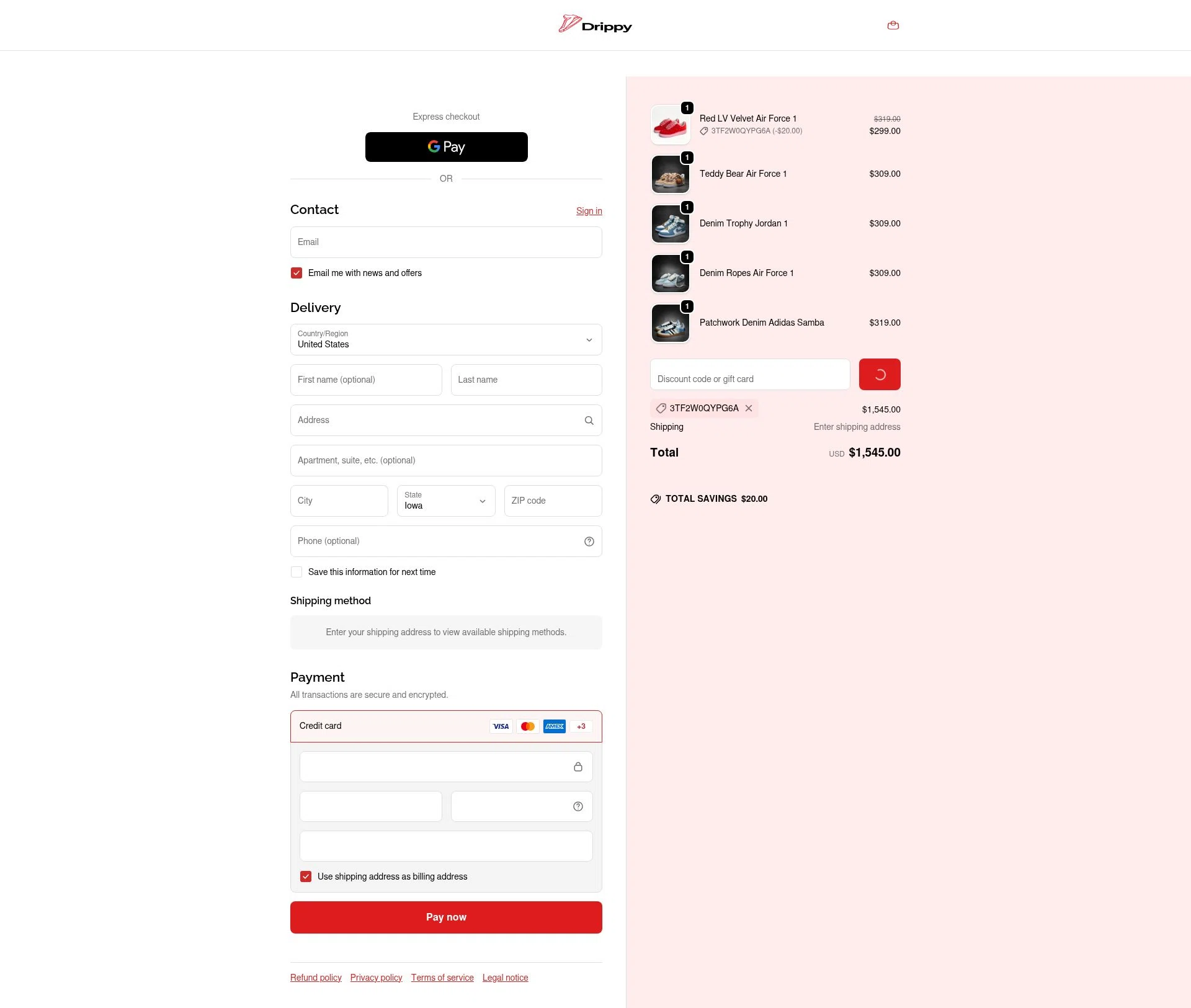Drippy checkout page showing Drippy discount code box | Screenshot taken by SimplyCodes community member on Dec 26, 2025