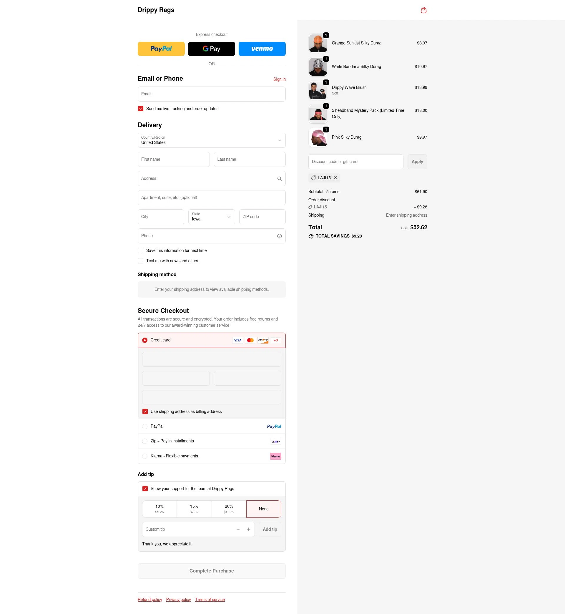 Drippy Rags checkout page showing Drippy Rags discount code box | Screenshot taken by SimplyCodes community member on Feb 10, 2026