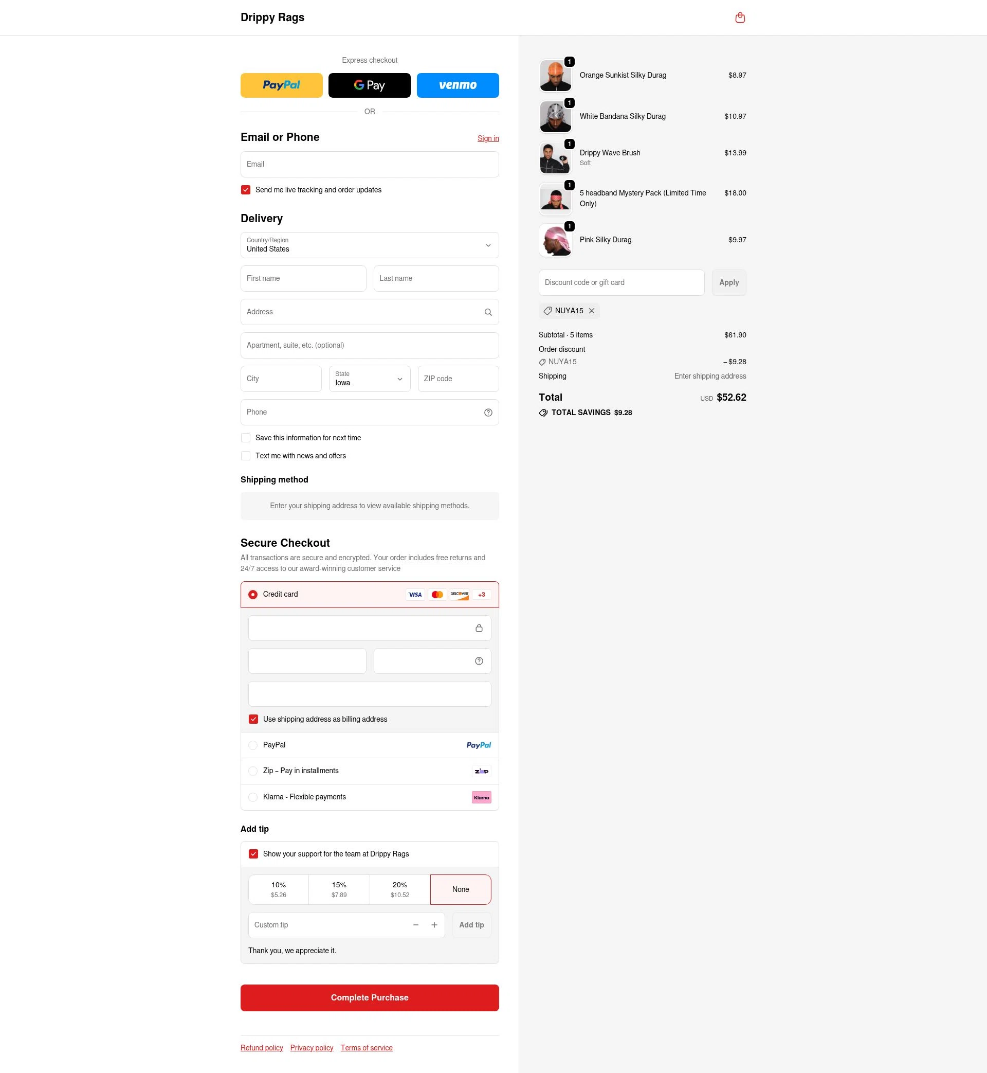 Drippy Rags checkout page showing Drippy Rags discount code box | Screenshot taken by SimplyCodes community member on Feb 10, 2026